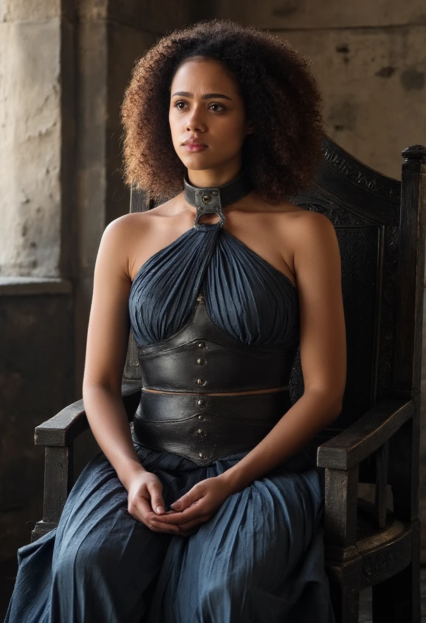 missagot, upper body photograph of a woman, wearing game of thrones styled clothing, sitting on the iron throne