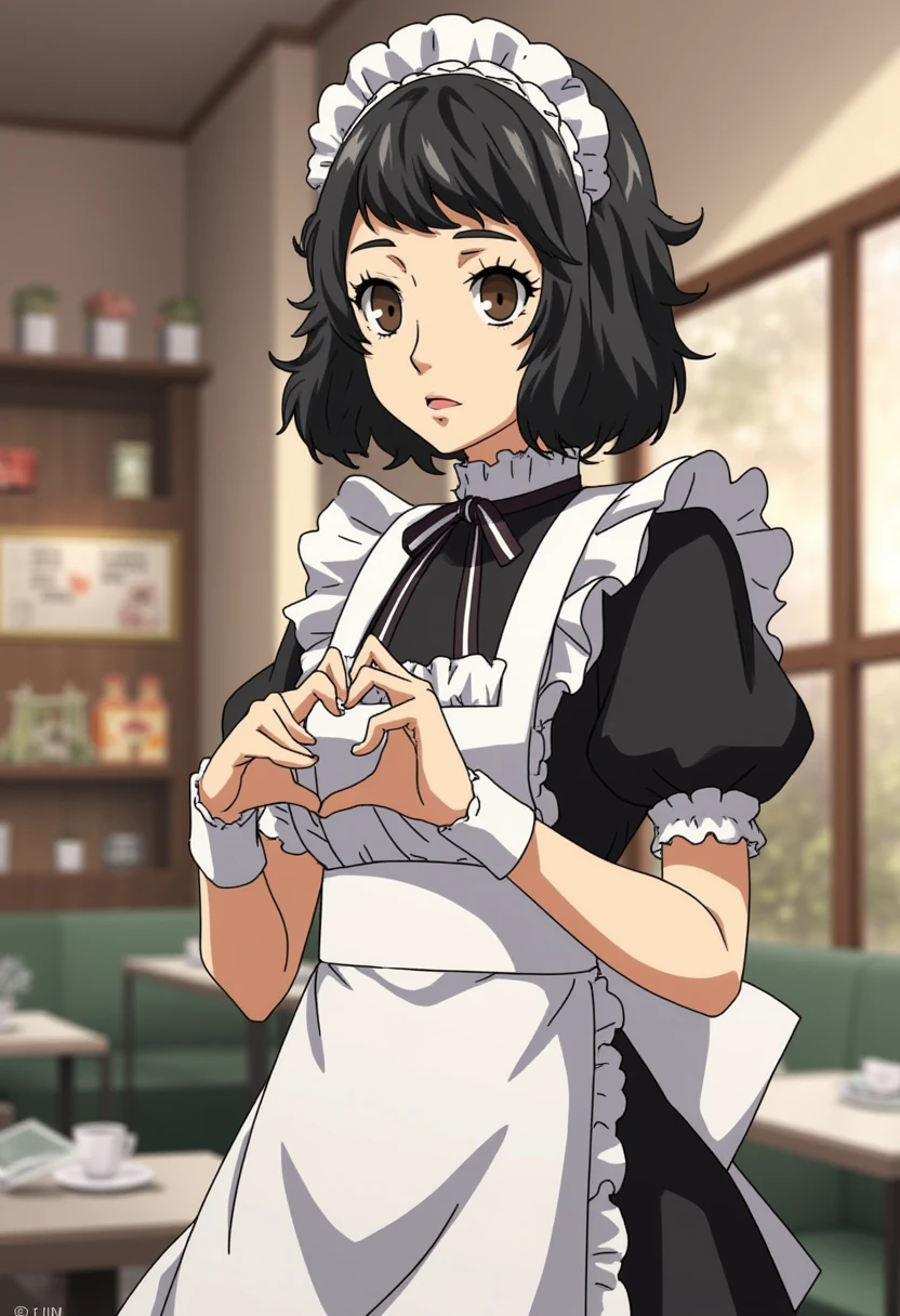 Anime style, sharp, high contrast and highly detailed. Ghibli anime style. Perfect anatomy. Perfect body ratio. No oversized head. No blurry, out of focus pictures. No simple background, no single color background. Small head.
sadayo_kawakami is wearing a a classic maid costume, featuring a black dress with puffed short sleeves and a white apron over the front. The apron has frilled edges, adding a decorative touch to the otherwise simple design. The maid dress also includes a high collar with a black ribbon or choker around the neck. The character's headband is styled with white ruffles, matching the frills of the apron. The black and white color scheme is typical of traditional maid outfits, and the overall look evokes a neat, polished, and elegant appearance. She is making a heart pose with both of her hands in front of her chest, tilting her head slightly to one side. Her hair is tied high on either side of her head.The rest of her hair frames her face neatly, with short, straight bangs that slightly part in the middle, giving her a soft and symmetrical look. She is in a maid cafe.
 <lora:Persona5_sadayo_kawakami_flux_1_2-000009:1>