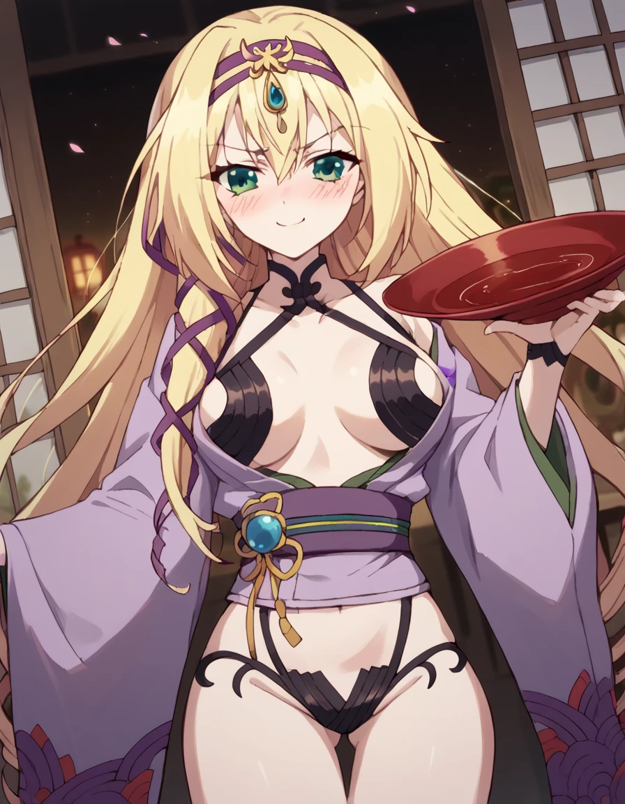 score_9, score_8_up, score_7_up, source_anime, <lora:rinslet-laurenfrost-s1-ponyxl-lora-nochekaiser:1>, rinslet laurenfrost, long hair, blonde hair, very long hair, green eyes, hairband, drill hair, medium breasts, <lora:shuten-douji-cosplay-ponyxl-lora-nochekaiser:1>, shutendoujicosplay, shuten douji (fate) (cosplay), skin-covered horns, sakazuki, purple kimono, revealing clothes, open kimono, sake, oni, kimono, breasts apart, wide sleeves,, dojo, blush, smile, smug,, , cowboy shot, dutch angle