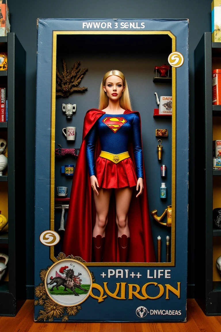 cinematic film still <lora:DollBoxRealisticQuiron_FLUX-000001:1.3> DollBoxRealisticQuiron,   gift doll box  stands with surrounded by various items and many accessories in the display case,   A lifelike figurine Stands prominently displayed. The Doll of supergirl captures iconic features  striking realism. Alongside it, the packaging showcases a cartoon illustration of Centaur fighting  Dragon, adding a dynamic contrast to the realism of the figure.  . shallow depth of field, vignette, highly detailed, high budget, bokeh, cinemascope, moody, epic, gorgeous, film grain, grainy