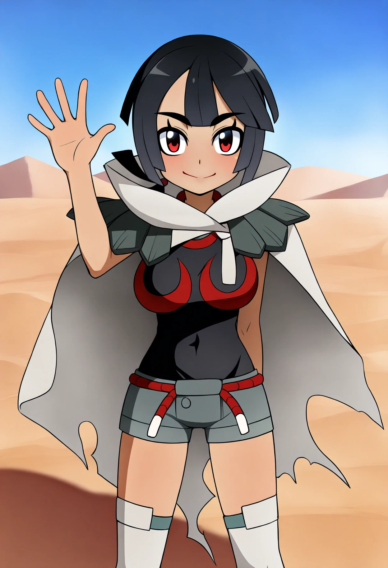 best quality, amazing quality, very aesthetic, absurdres,
1girl, zinnia, black hair, short ponytail, red eyes, dark skin,
grey cloak, black shirt, sleeveless shirt, short shorts, thighhighs,
waving, looking at viewer, smug, desert, ruined, dune, blue sky, field, standing   <lora:ZinniaIllustriousXL_byKonan:1>