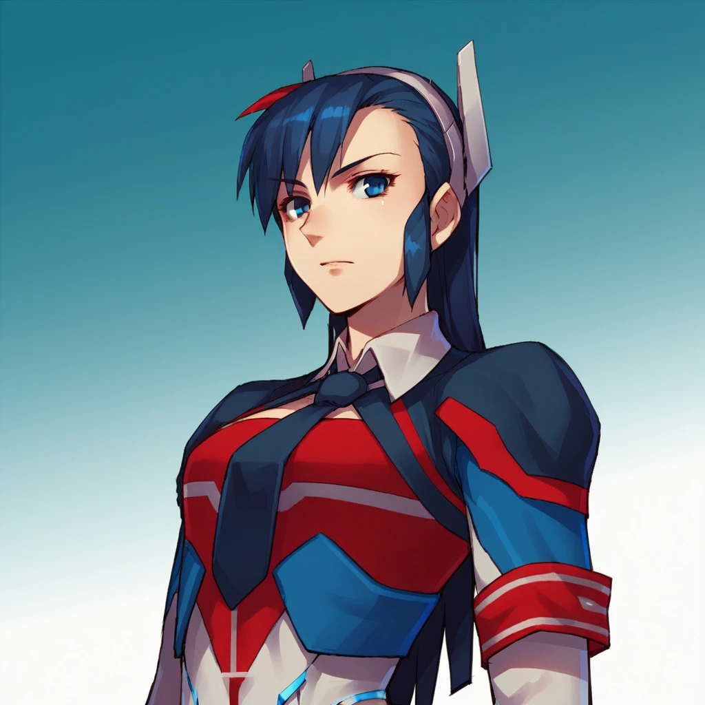 score_9_up, score_8_up, BREAK, UltraMagnus, 1girl, solo, blue hair, long hair, blue eyes, shirt, necktie, red armband, upper body, <lora:UltraMagnus_cnmbwjx_PXL_Leaf1:1>, looking at viewer, gradient background, arms at sides,