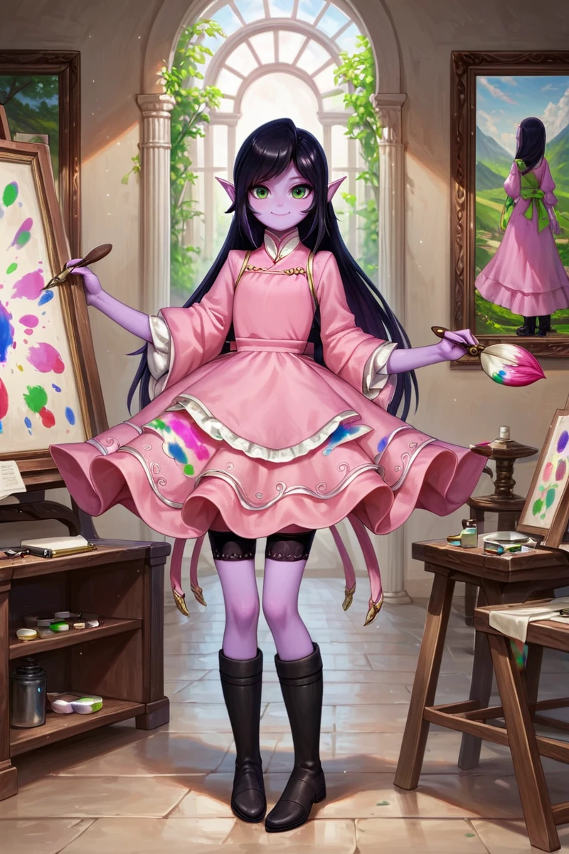 <lora:Abigail_2:0.9>, score_9_up, score_8_up, abigaillora, solo, elf, purple skin, black hair, green eyes, eyelashes, smile, standing, full body, clothing, looking at viewer, holding object, dress, aprin, black boots, museum, detailed background, paintbrush, pink dress