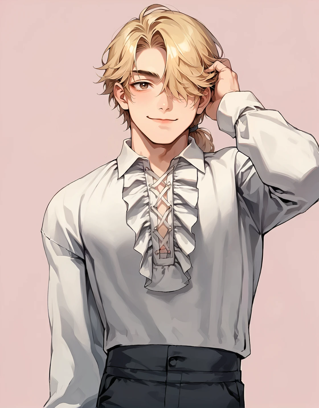 <lora:AFAE:1>
score_8_up, score_7_up, score_6_up, source_anime, 1boy, solo, simple background, pink background,
standing, pose, contrapposto, cowboy shot, facing viewer
smile, bishounen, blonde hair, hair over one eye, low ponytail, hand in hair
frilled shirt, long sleeves, black pants  <lora:frilledshirt2:1>