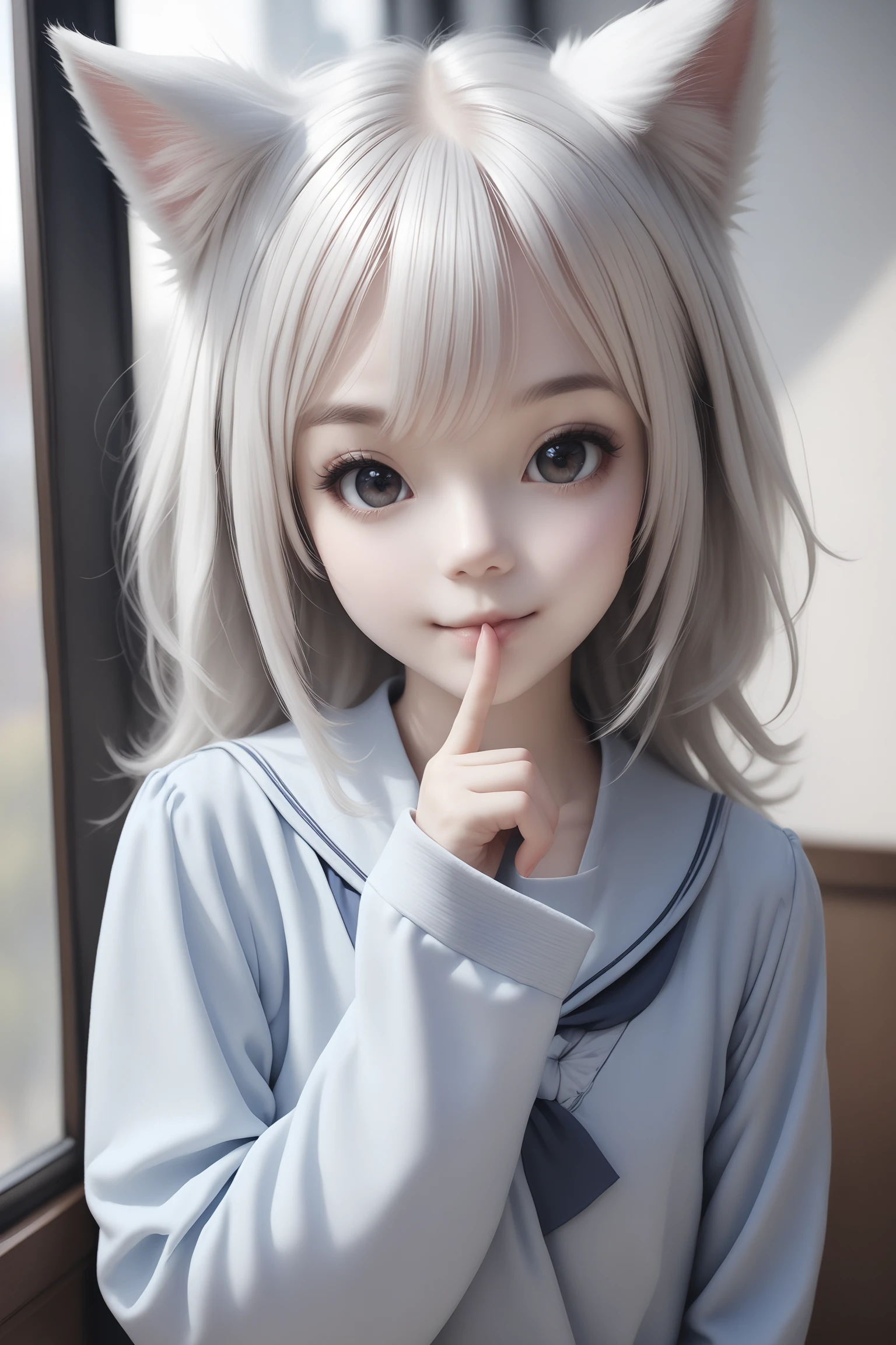 best, masterpiece, cocoart, photo real, realistic,upper body,school uniform, diagonal view, diagonal angle,animal girl,white hair,finger on mouth,smile
sleeve past wrists,long sleeve