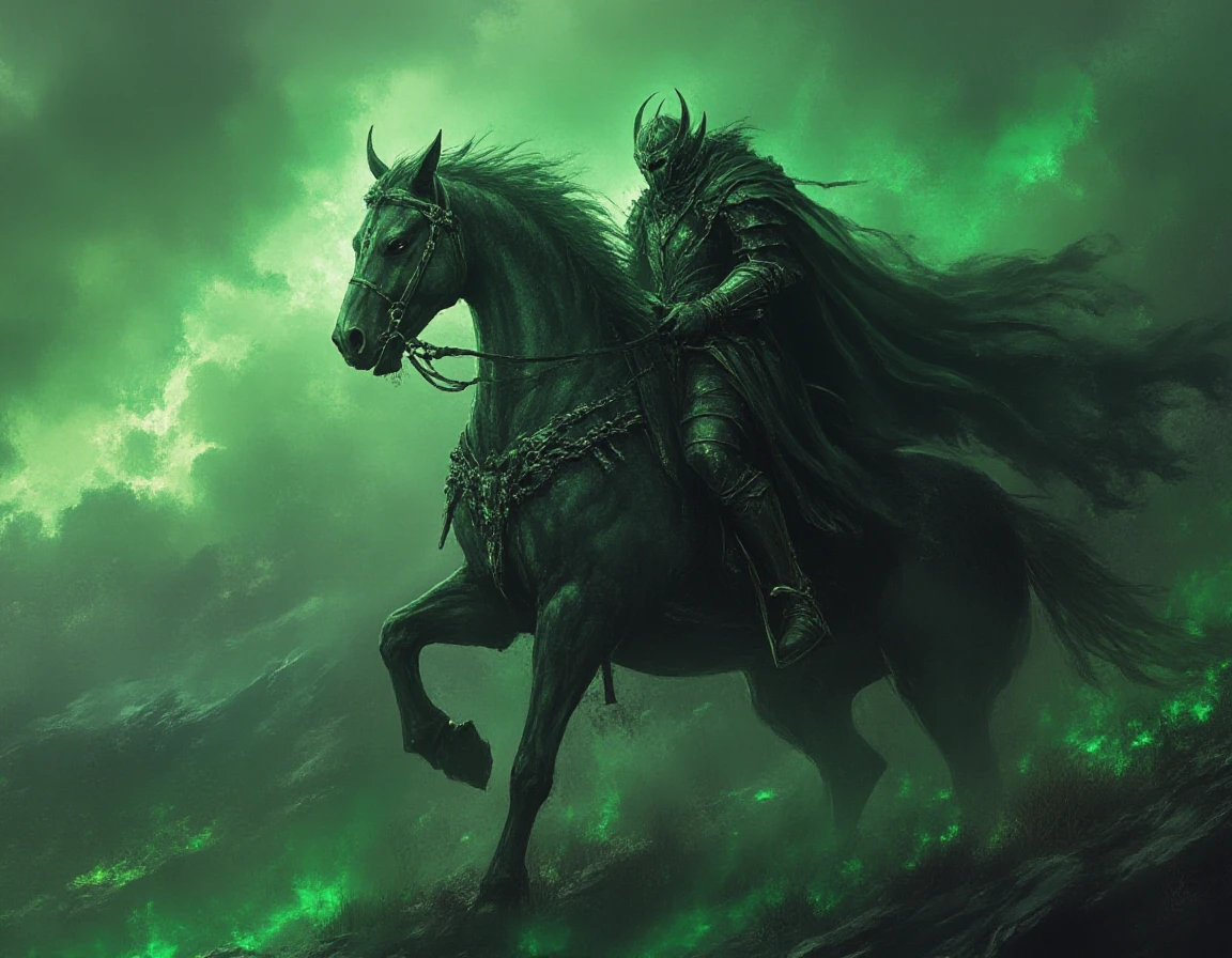 undead knight with armor and helmet with horns on a horse with armor, green glowing
<lora:Fantasy_DnD_Illustration_Style:1> fantstyle