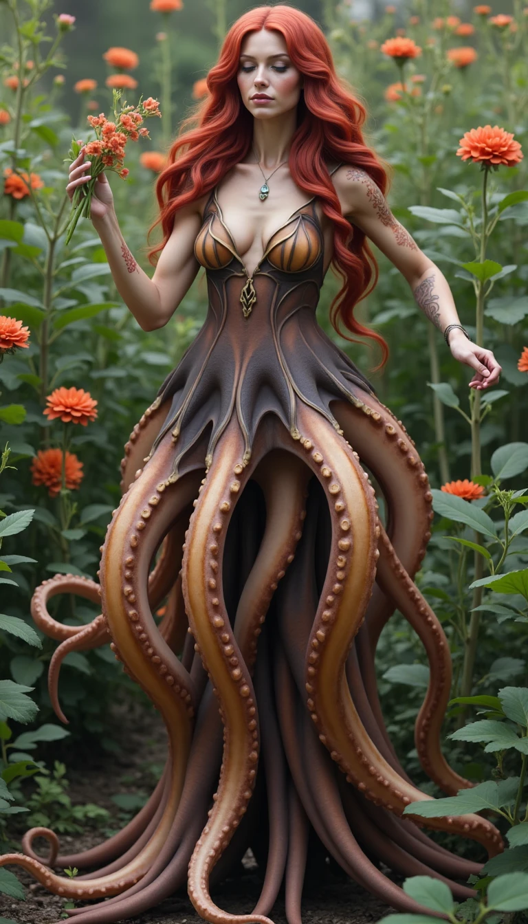 A realistic photo of a cephalopod woman with Red hair and Taupe skin.  The Cephalyra is in a garden, smelling the flowers. The Cephalyra´s tentacles are of the color Brown fading into the color Bronze.