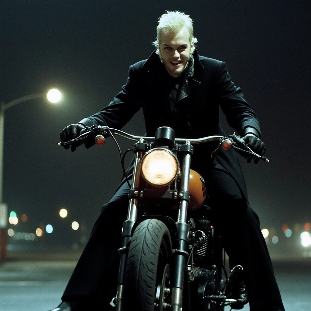 David the vampire riding a motorcycle in dark night