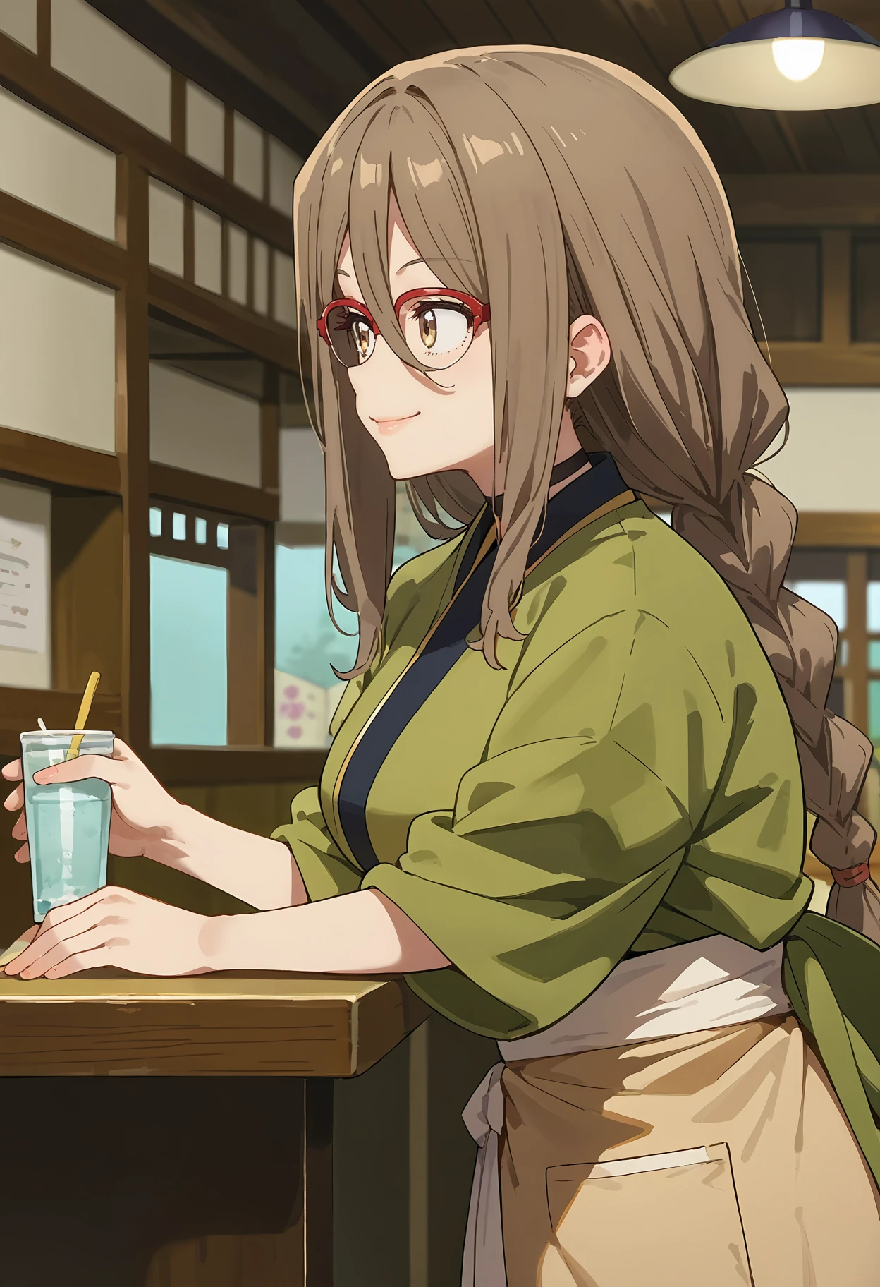 score_9, score_8_up, score_7_up, source_anime, 1girl, solo, Nakahar3Mizuk3, brown eyes, long hair, brown hair, hair between eyes, black choker, red-framed eyewear, over-rim eyewear, Workcloths, green kimono, waist apron, white apron, braid, ponytail, restaurant, indoors, counter, leaning forward, looking to the side, from side, smile, <lora:Mizuki Nakahara - Lycoris Recoil v2:1>,