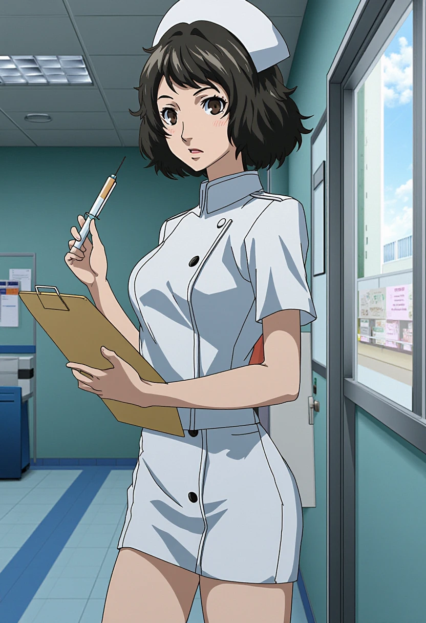 Anime style, sharp, high contrast and highly detailed. Ghibli anime style. Perfect anatomy. Perfect body ratio. No oversized head. No blurry, out of focus pictures. No simple background, no single color background. Small head.
sadayo_kawakami is wearing a white nurse uniform and a pure white nurse cap. She is standing inside a hospital, holding a clipboard with one hand and a syringe with another hand.
 <lora:Persona5_sadayo_kawakami_flux_1_2-000009:1> <lora:Nurse_Uniform_-_Anime_Flux-000003:1>