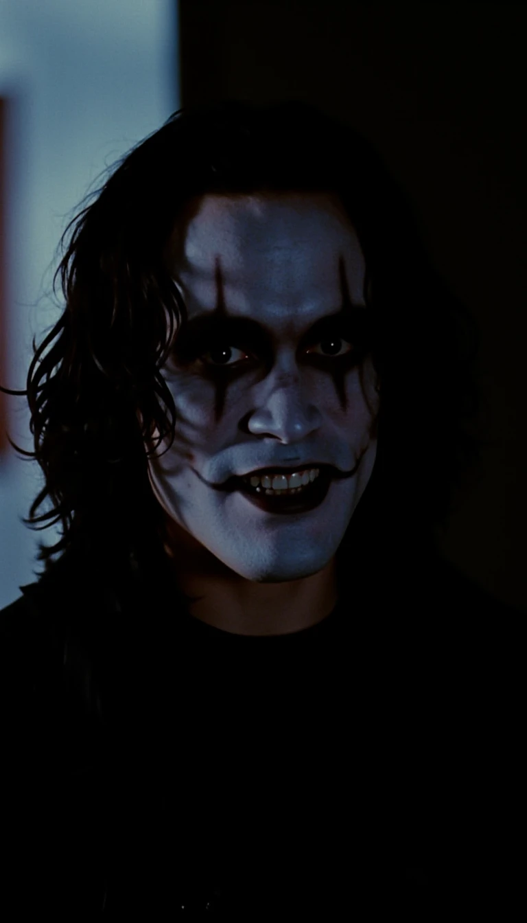 eric draven smiles, stares into the camera