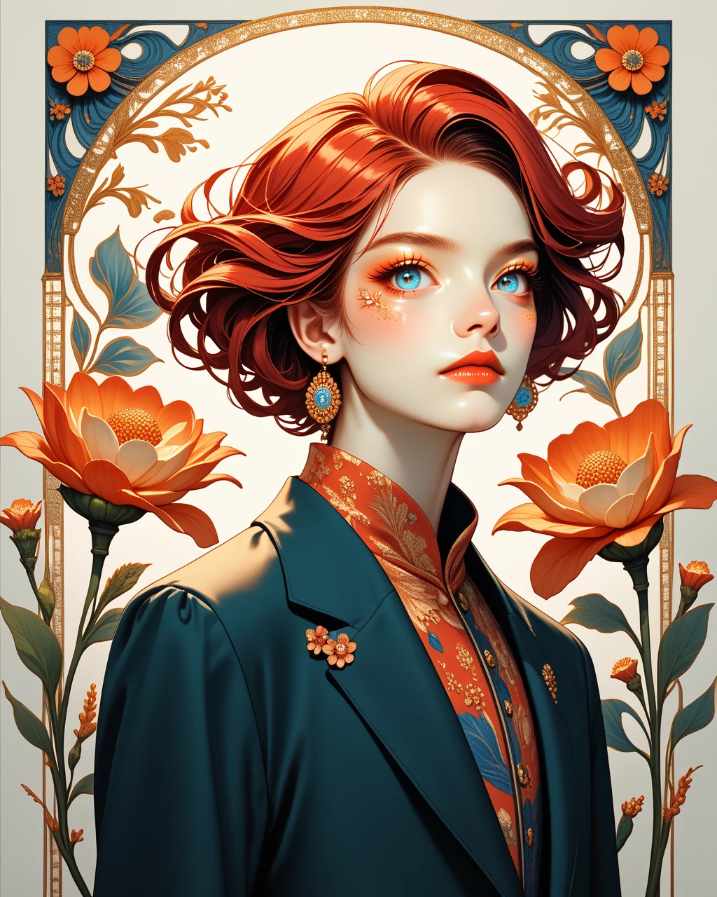 score_9, score_8_up, score_7_up, 1boy, short hair, black-red hair, pencil splash <lora:neonifm:1> neonifm, floral motif, sharp, high-definition detailin, color palette, art nouveau influence, baroque-inspired elegance, modern digital Illustration, pop surrealism, rococo elements, glamour, fashion Illustration, glow effect on skin, soft focus around