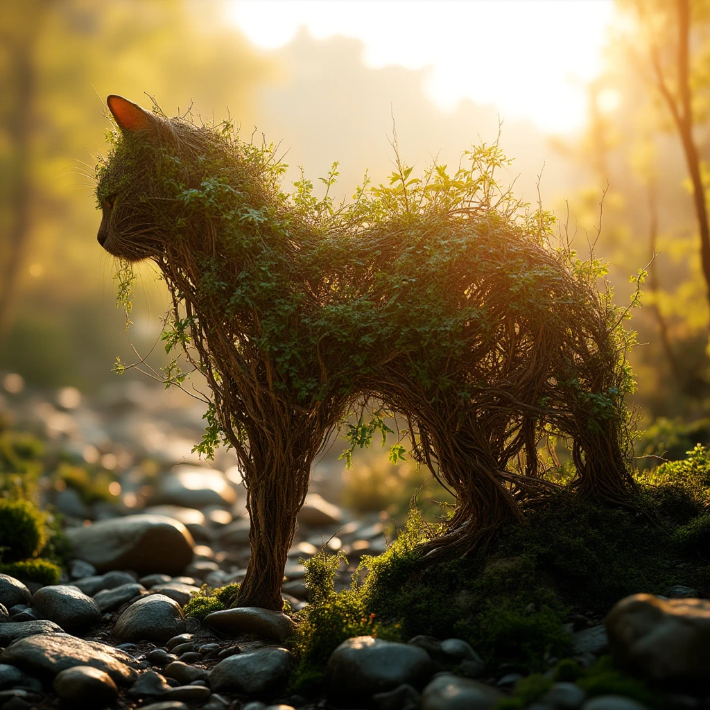 A surreal cinematic masterpiece! A 35mm lens captures the essence of golden hour, double exposure combining branches rocks and moss to create the figure of a cat, ultra detailed, ultra realistic, 8k