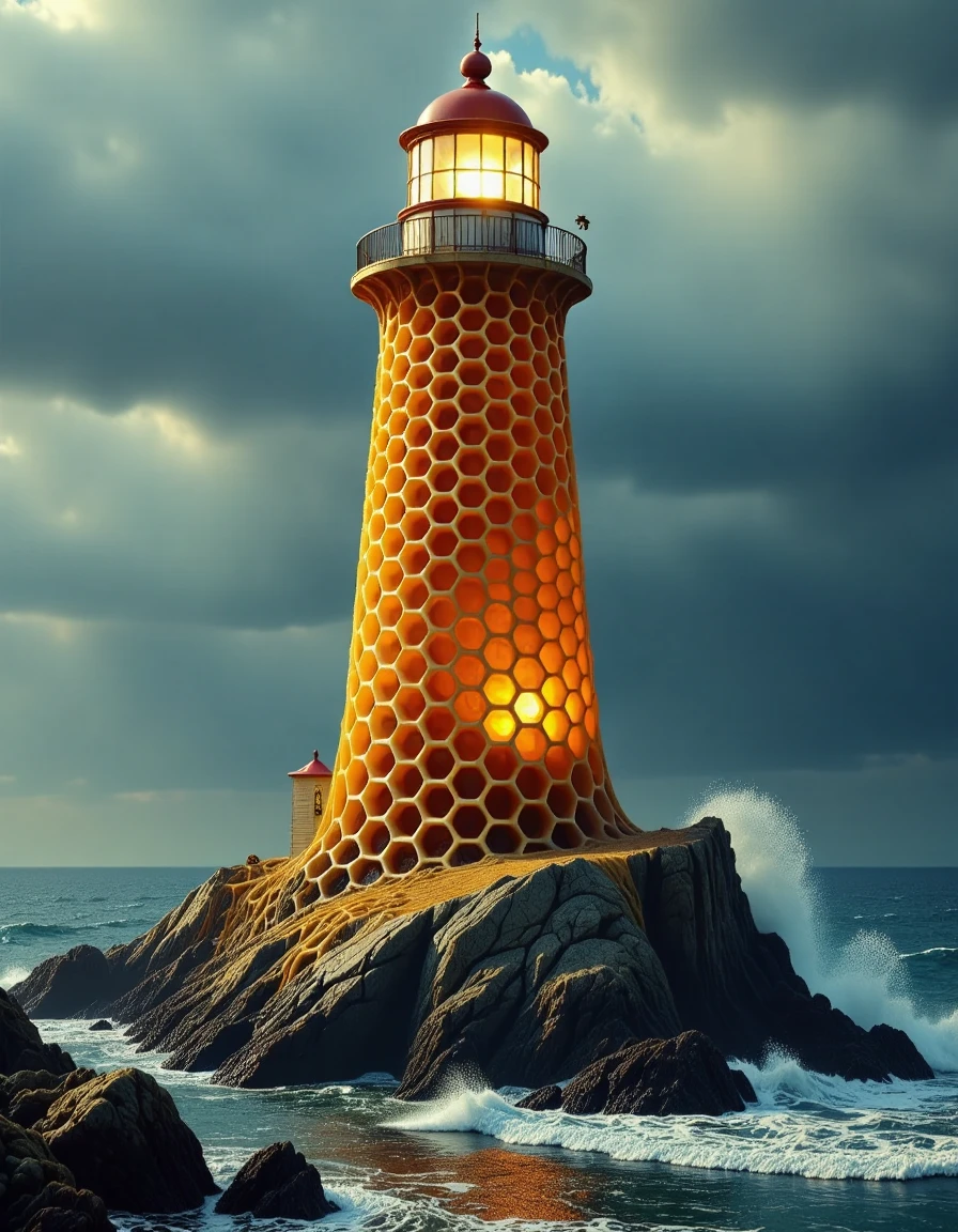 <lora:Flux_-_Honeycomb_Style:1> A towering lighthouse on a rocky cliffside, but the entire structure is made out of honeycomb. The honeycomb walls glow with a warm golden light, and honey oozes down the sides of the lighthouse, dripping into the ocean below. Bees swarm around the top of the lighthouse, circling the glowing beacon. Waves crash against the honeycomb foundation, and the light from the honeycomb beacon reflects across the dark stormy sea, blending the organic honeycomb texture with the mechanical function of the lighthouse in a surreal, natural wonder.