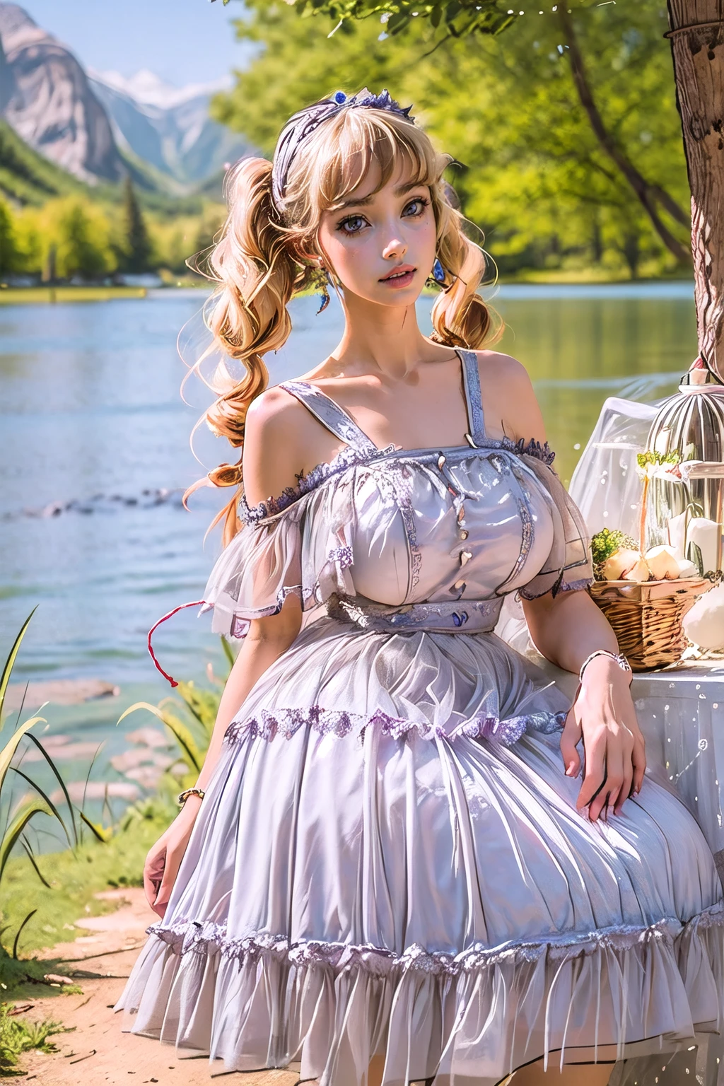 (masterpiece, best quality:1.2),illustration,8k,hd,1 girl,blonde hair,very long hair,solo,(collarbone:1.2),looking at viewer,twintails,
picnic,white dress,jewelry,earrings,hairband,frills,big breasts,outdoors,(day, lake:1.5),extremely detailed dress,crystalstexture skin,front view,