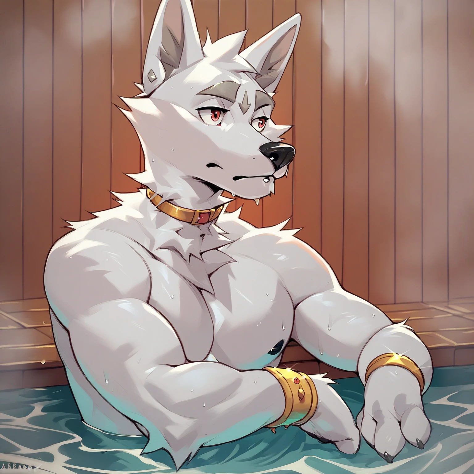 Furry, anthro, male, arctic wolf, blue eyes, bath, naked, cock, black knot, balls