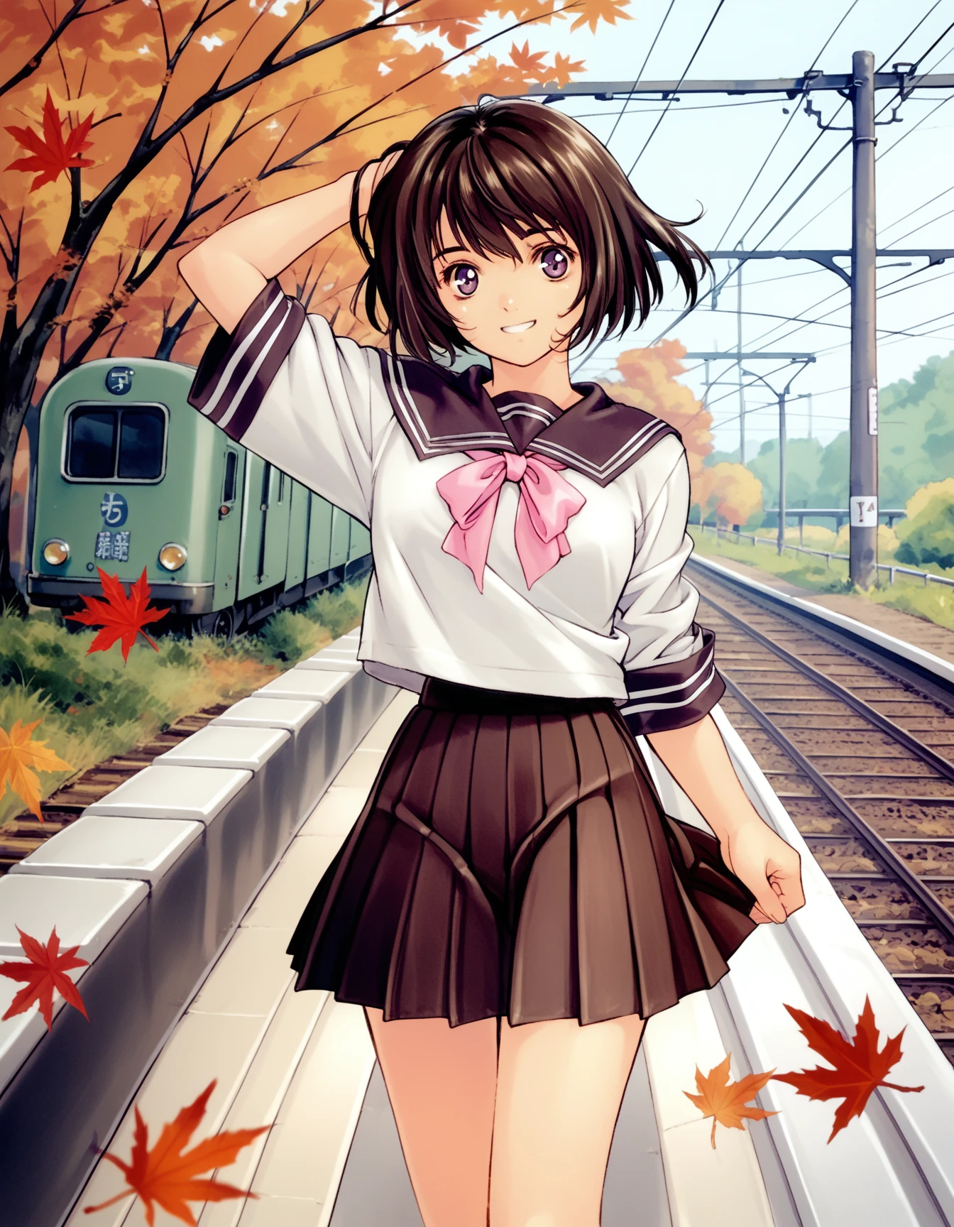 score_9,  score_8_up, score_7_up, <lora:peridot-voice-ponyxl-000022:0.8> sasakishouko, serafuku, pleated skirt
1girl,solo, smile, hand in own hair, autumn leaves,looking at viewer,standing,train station,railroad tracks,ground, cowboy shot