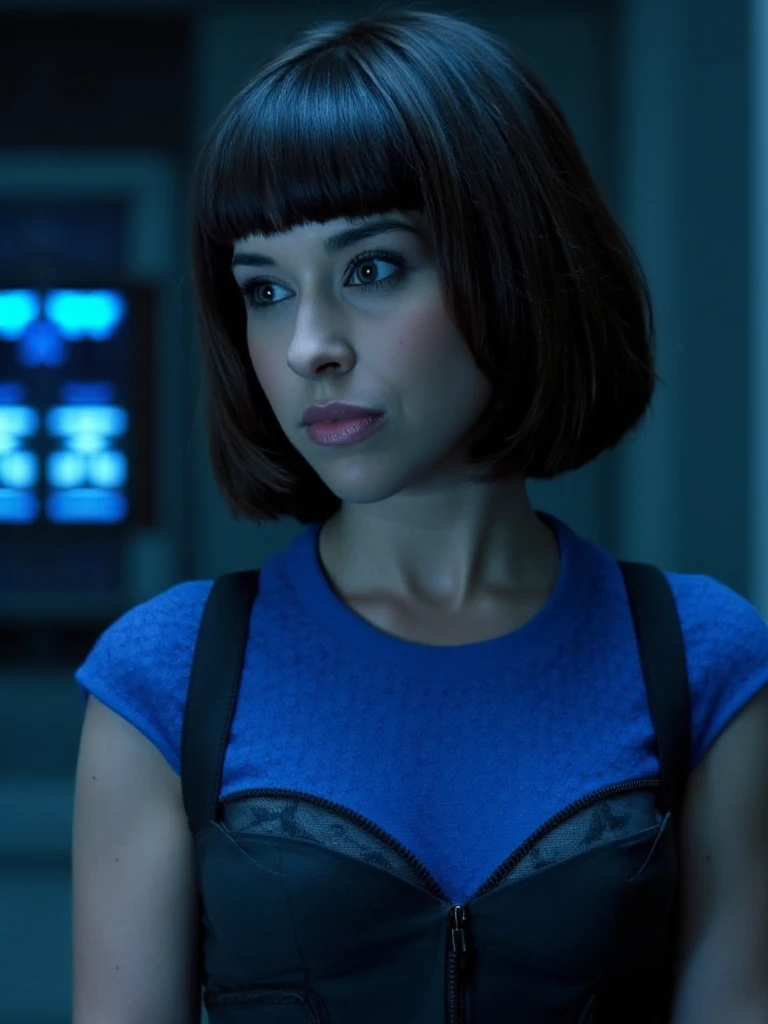 A still from a science fiction setting, featuring a young woman with a bob haircut, wearing a blue top with a textured pattern and a dark vest. She is positioned in a dimly lit room with a futuristic interface in the background, illuminated by bright blue lights. The woman's expression is neutral, and she appears to be looking off to the side. The overall color palette is dominated by cool tones, with the blue of her top standing out against the darker surroundings.