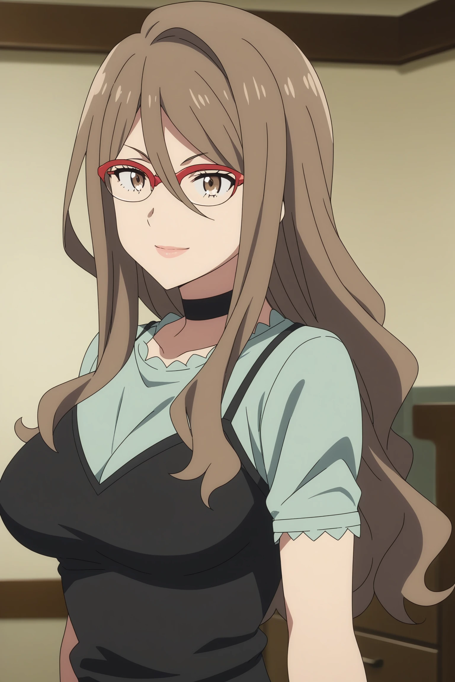 nakahara mizuki, brown hair, long hair, hair between eyes, sidelocks, red-framed eyewear, brown eyes, choker, green shirt, short sleeves, frilled sleeves end, black camisole, frilled camisole, wristwatch, grey skirt, pencil skirt, black pantyhose, black footwear, high heels, <lora:Mizuki_Nakahara:0.8>, score_9, score_8_up, score_7_up, score_6_up, score_5_up, source_anime, rating_safe, medium breasts, indoors, living room, 1girl, solo, looking at viewer, <lora:age_slider_v4:2>, (upper body:1.2), (anime screencap:1.5)