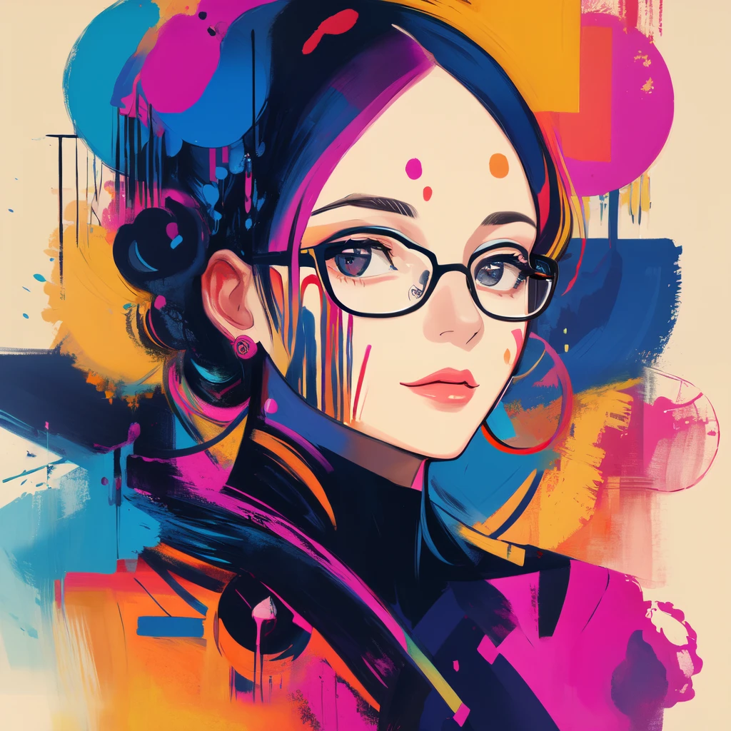 an abstract painting of a woman's face, wearing glasses