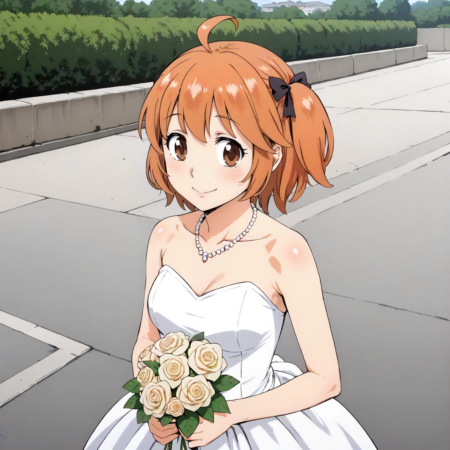 <lora:HiNO_MoeAshiharaXLpony002>,
outdoors,
smile,
solo,
MoeAshihara,1girl,orange hair,ahoge,two-side up,hair bow,brown eyes,
standing,
wedding_dress,