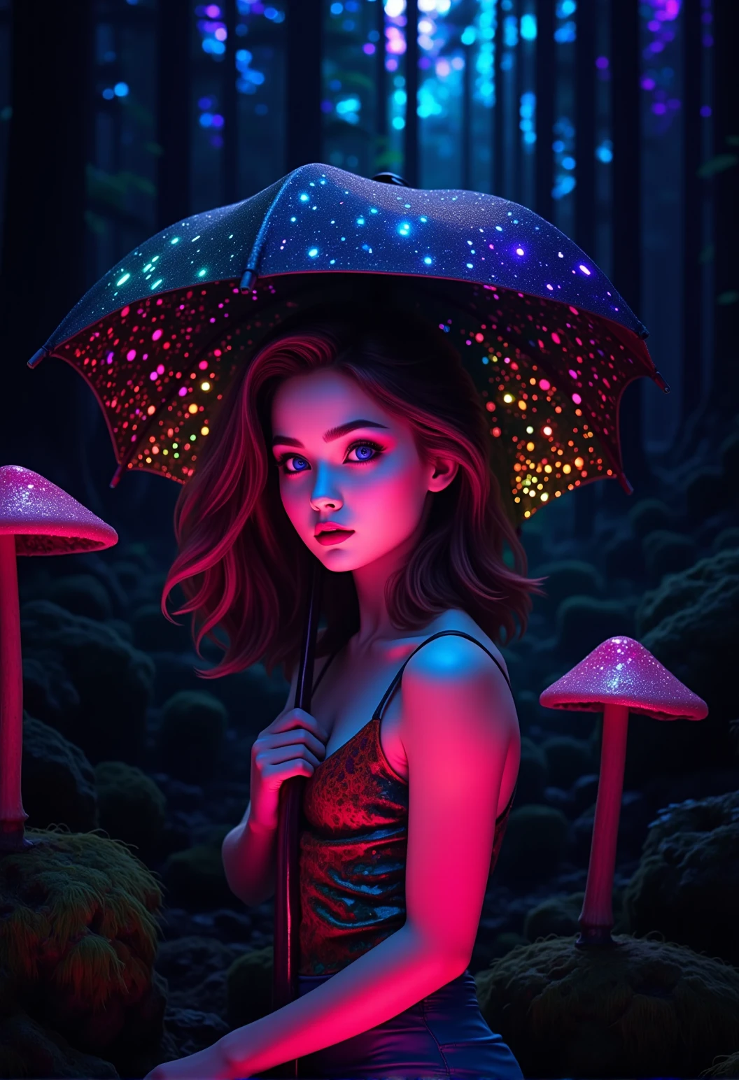 bv-betdigpor. A young woman with vibrant expressions in an enchanted forest illuminated by bioluminescent mushrooms. The scene is illuminated by bright and colorful festival lights. She is holding or presenting a banner or object with the words "Better Digital Portraits" on it, shown in a an umbrella with the words printed on its fabric. The entire image has an enhanced "Better Digital Portraits" aesthetic, emphasizing flawless skin, striking colors, and deep contrast. , <lora:bv-better-digital-portrait.safetensors:1.0:1.0>