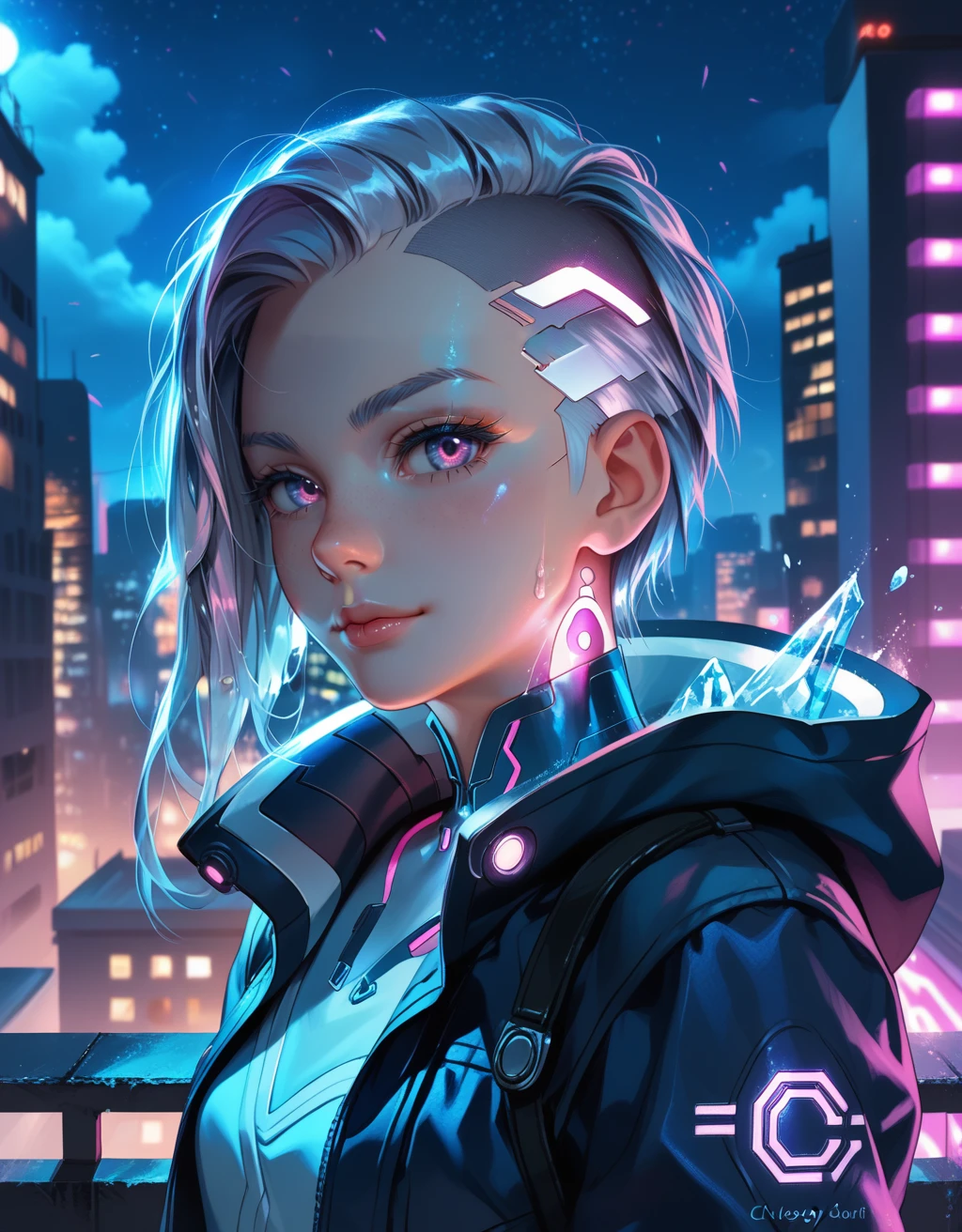 score_9, score_8_up, score_7_up, punk style, kawaii punk, Silver-haired purple-eyed girl, wearing a hood, looking at viewer, night, blue neon light, upper body, cyberpunk illustration, vivid, rooftop, night, rooftop, background with skyscrapers, cityscape --ar 3:2, cyber city, <lora:neonifr:0.8> dispersion effect, icy energy, light aura, fragments dispersing, radiating cold, glowing, luminous, ice-like texture, cryokinesis, neonifr