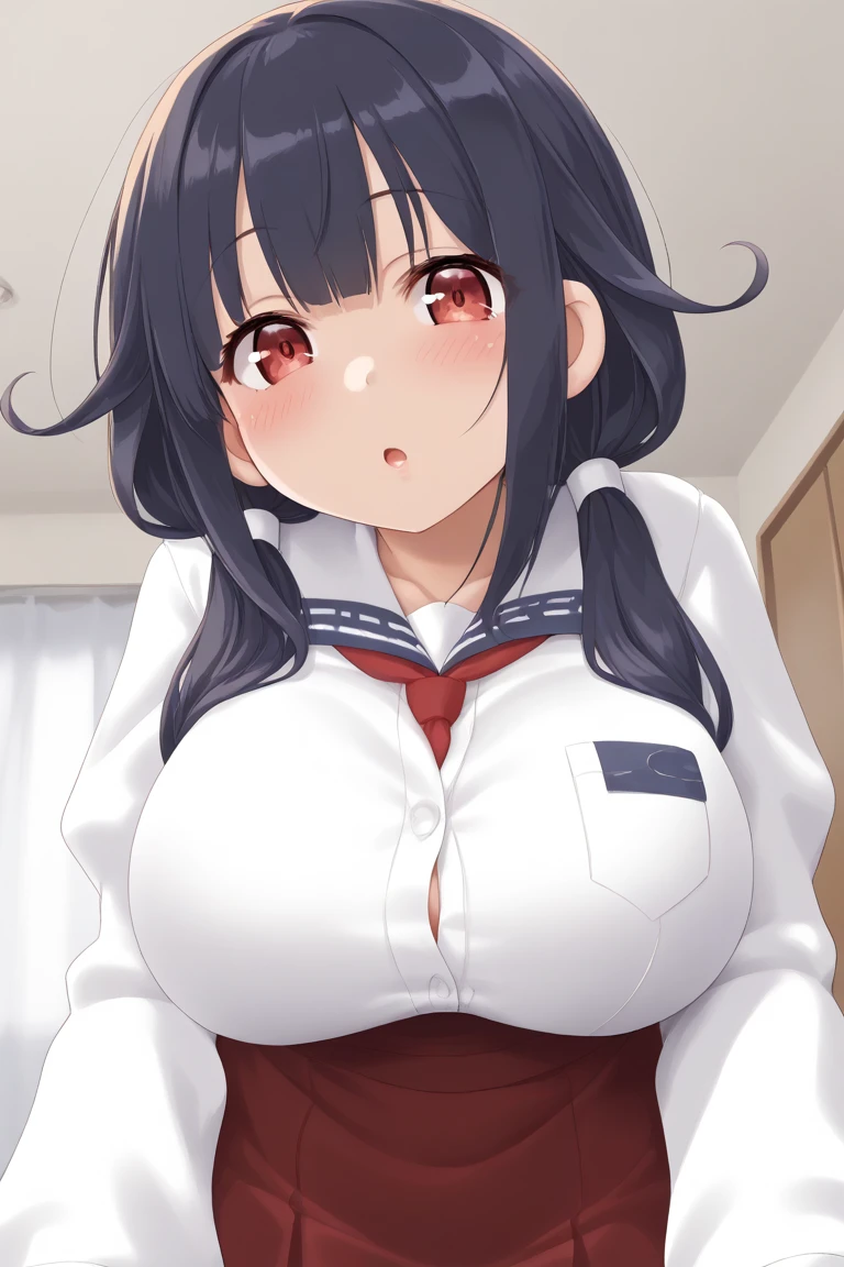 masutepiece,Best Quality,Ultra-detailed,High resolution,Unity 8k壁纸,super detailed skin,Cinematic lighting,Beautiful detailed eyes,Ideal ratio body proportions,(huge-breasted,Nipples directed upwards:1.4), ((slim)), (from side:1.4),(school uniform,cutout between underboob and belly button,coverd nipple:1.6)Thin, an hourglass figure, Toned,  thick thighs,(Tsubaki Miyajima:1.4)