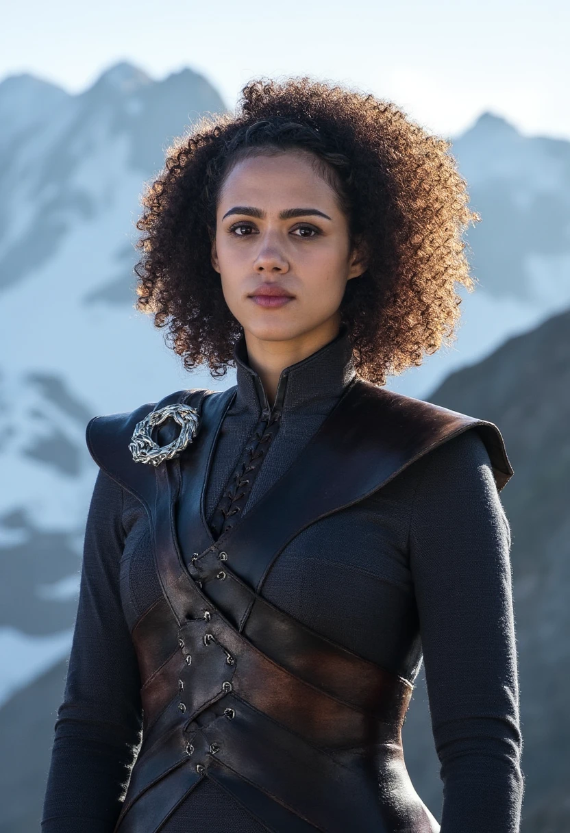 missagot, upper body photograph of a woman, wearing game of thrones styled clothing, in the background are mountains with snow,