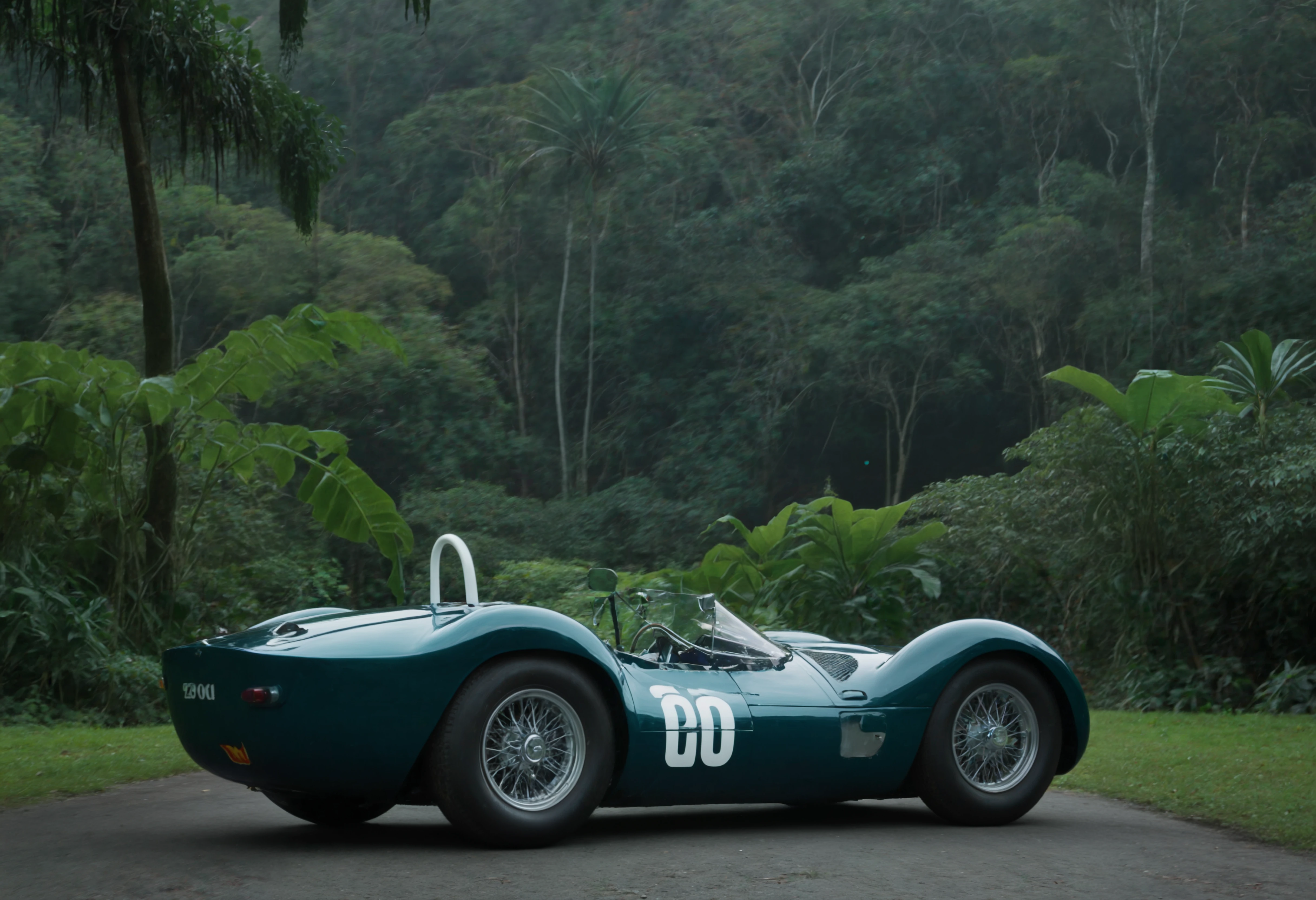 a wcxl photograph of a Aquamarine Blue mazer8t_t1po6l sports car rear view, Night time, starry sky, (A lush, emerald-green rainforest canopy.:1.25), dark moody low-key, 