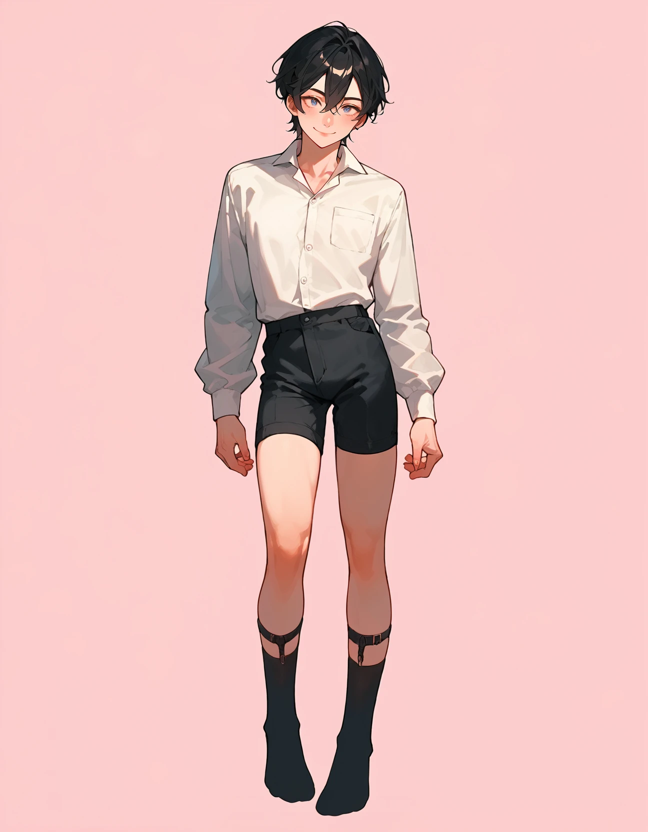 <lora:AFAE:1> (full body:1.4)
score_8_up, score_7_up, score_6_up, source_anime, 1boy, solo, simple background, pink background,
standing, pose, contrapposto, facing viewer
smile, bishounen, black hair, hair between eyes,
legwear garter , black socks, <lora:legweargarter:1>
black shorts, white shirt, collared shirt