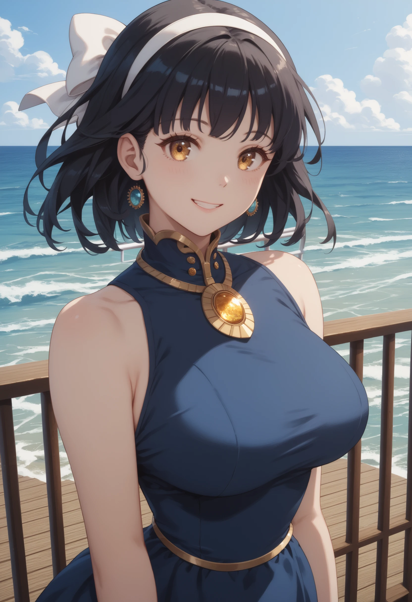 score_9, score_8_up, score_7_up, score_6_up, score_5_up, score_4_up, 1girl, close-up, large breasts, black hair, golden eyes, long blue dress, white bow, gold brooch, ocean in background, boardwalk, railing, smile,