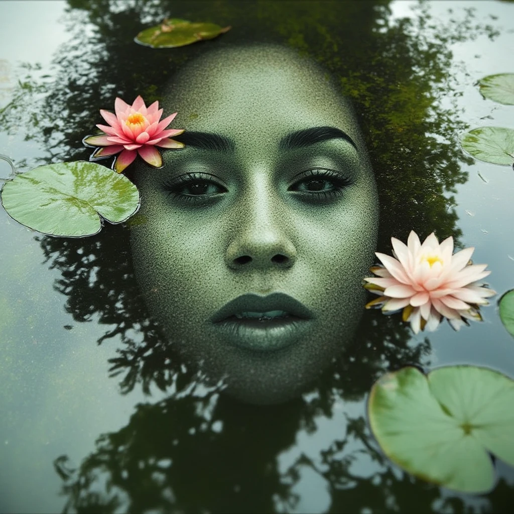 A double exposure of water lilies forming the face of a woman in the lake surface