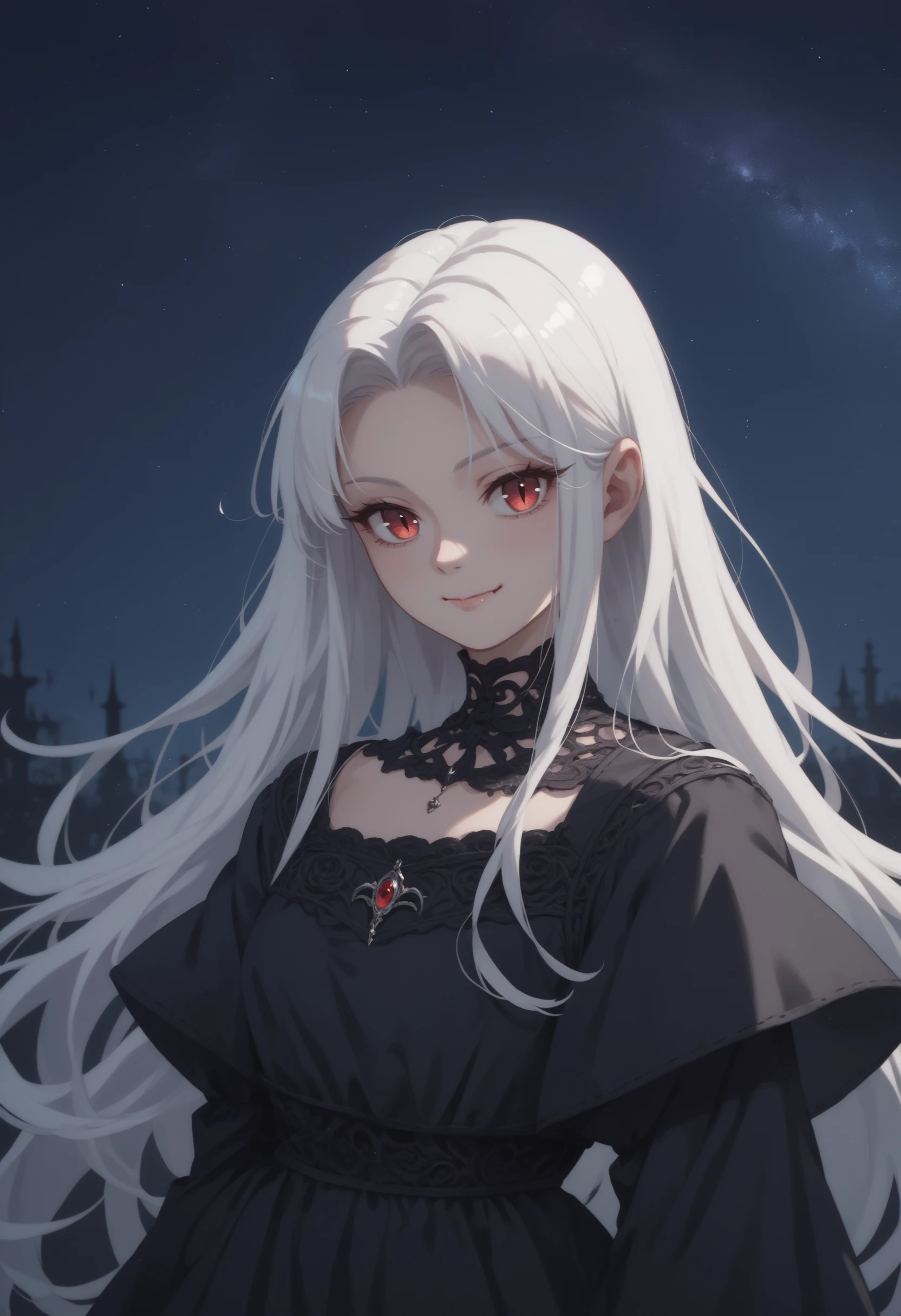 score_9, score_8_up, score_7_up, score_6_up, score_5_up, score_4_up, 1girl, vampire, long hair, looking at viewer,  white hair, smile, closed mouth, night sky, upper body, black dress, gothic clothes