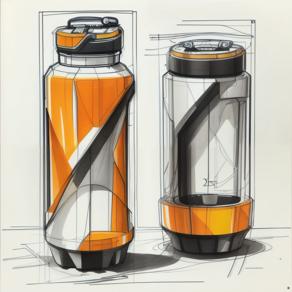 Industrial design sketch of a water bottle, dynamic lines, rough, copic marker rendering