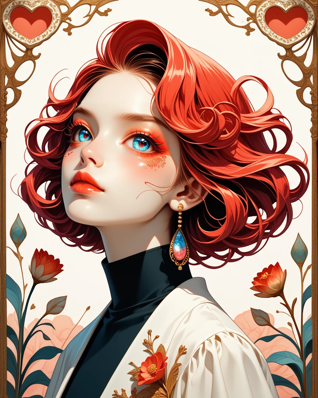 score_9, score_8_up, score_7_up, 1boy, short hair, black-red colored hair, hearts,  <lora:neonifm:1> neonifm, sharp, high-definition detailin, color palette, art nouveau influence, baroque-inspired elegance, modern digital Illustration, pop surrealism, rococo elements, glamour, fashion Illustration, glow effect on skin, soft focus around