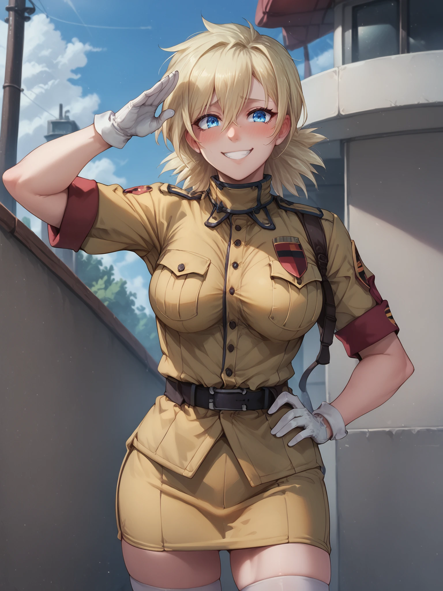 score_9, score_8_up, score_7_up, score_6_up, score_5_up, score_4_up, detailed eyes, beautiful eyes, <lora:PONYXL_FD-MegaBreastPack:0.7> <lora:Seras_Victoria:1> blue eyes, military uniform, yellow uniform, medium breasts, salute, standing at attention, nervous, blush, smile, blonde hair, cowboy shot, thigh-highs, one hand on hip, gloves,