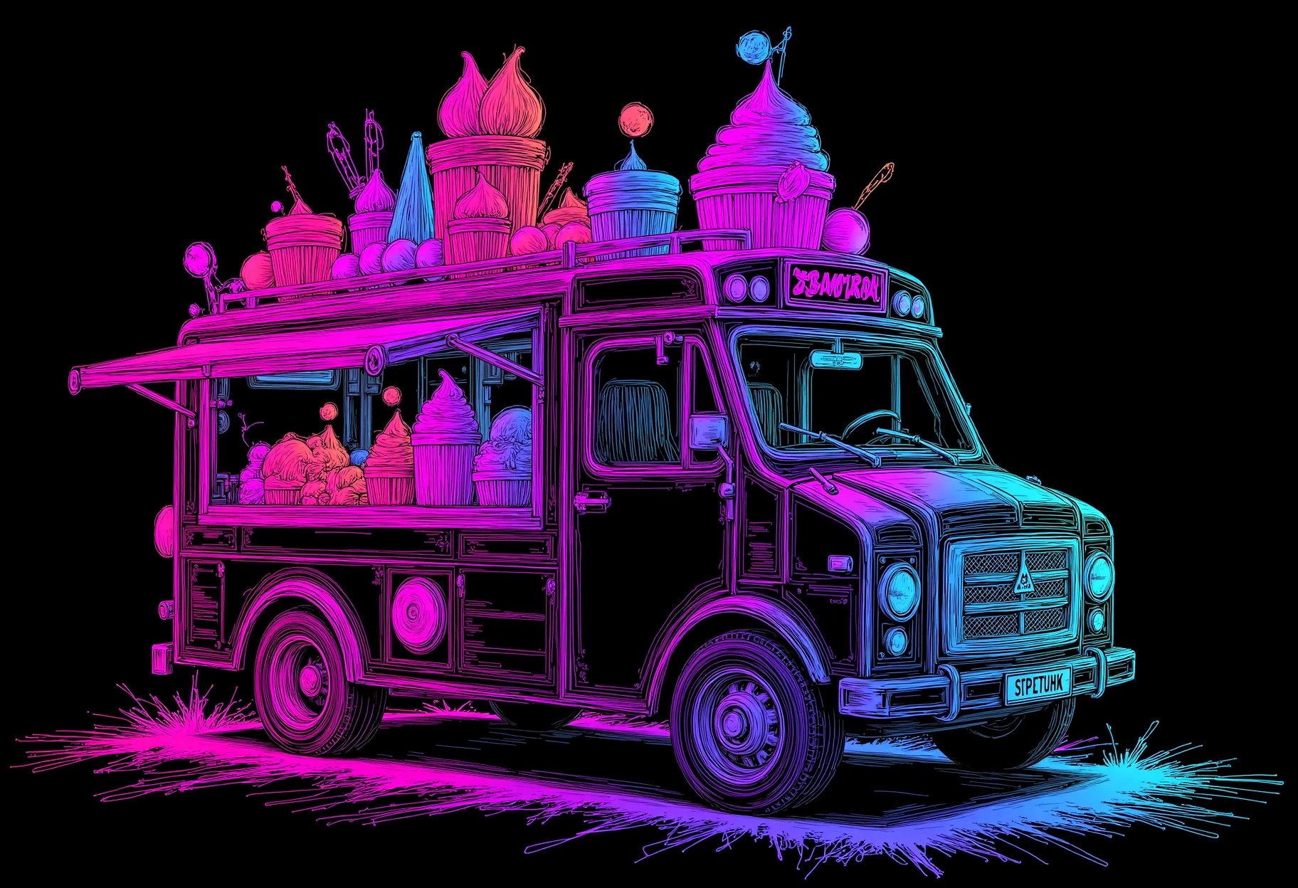 neon line art, drawing, black background,a cyberpunk ice cream truck, black velvet painting, artwork by Greg Rutkowski, John Berkey, Alexander Jansson, Kuvshinov, WLOP, Artgerm, trending on ArtStationHD. octane render, greg rutkowski, hyper realism, high detail, octane render, vervia, 8k