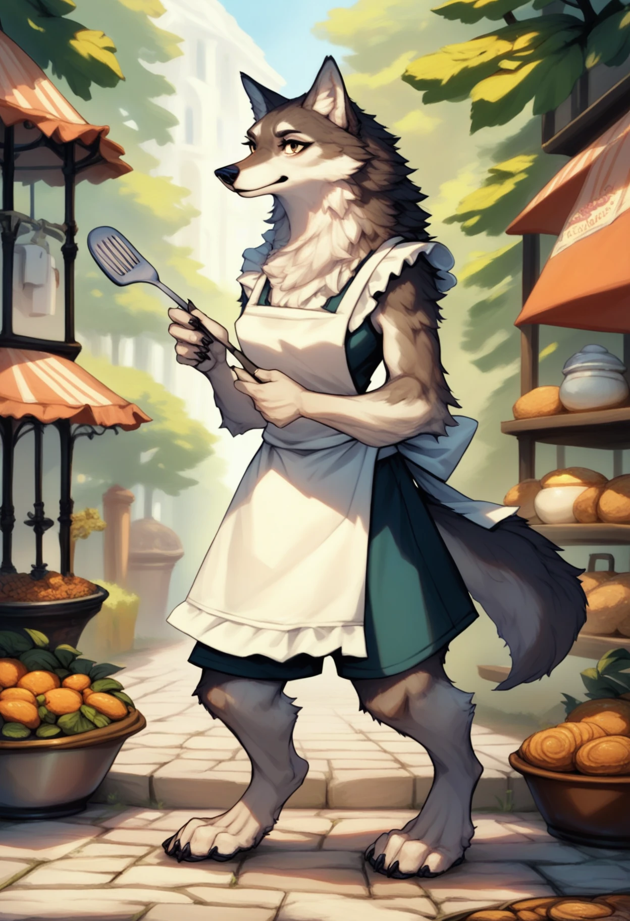 vwstyle, safe_pos, score_9, score_8_up, score_7_up, solo, 1girl, barbeque, apron, holding, spatula, apron, shorts, furry, wolf, outside