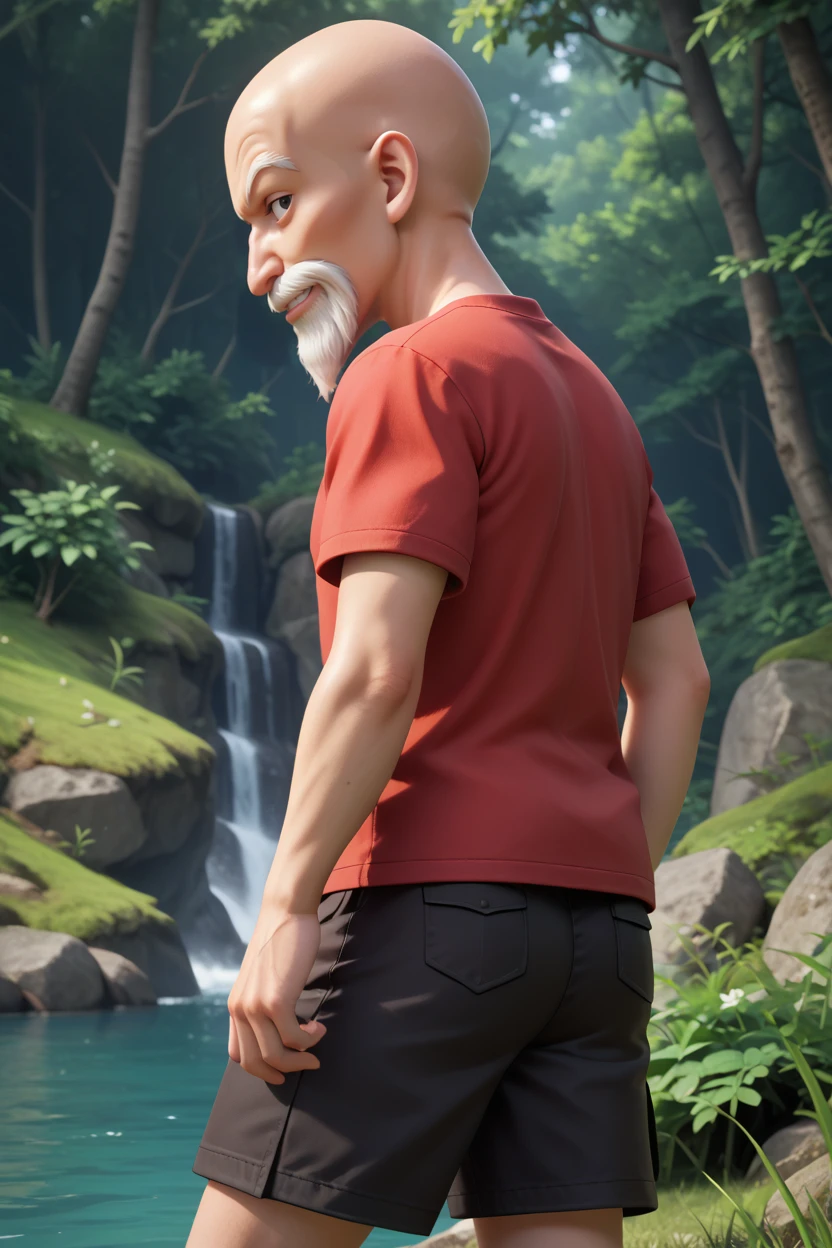 score_9, score_8_up, score_7_up,muten roushi, 1boy, solo,old man, bald,facial hair,white hair, black eyes,looking at viewer,  from behind, black cargo shorts,red t-shirt,short sleeves, ass,looking back, nature, cascade, water, tree,grass,3d, smirk,hand up, profile,cargo shorts,cargo pants,smile  <lora:RoshiPony:1>