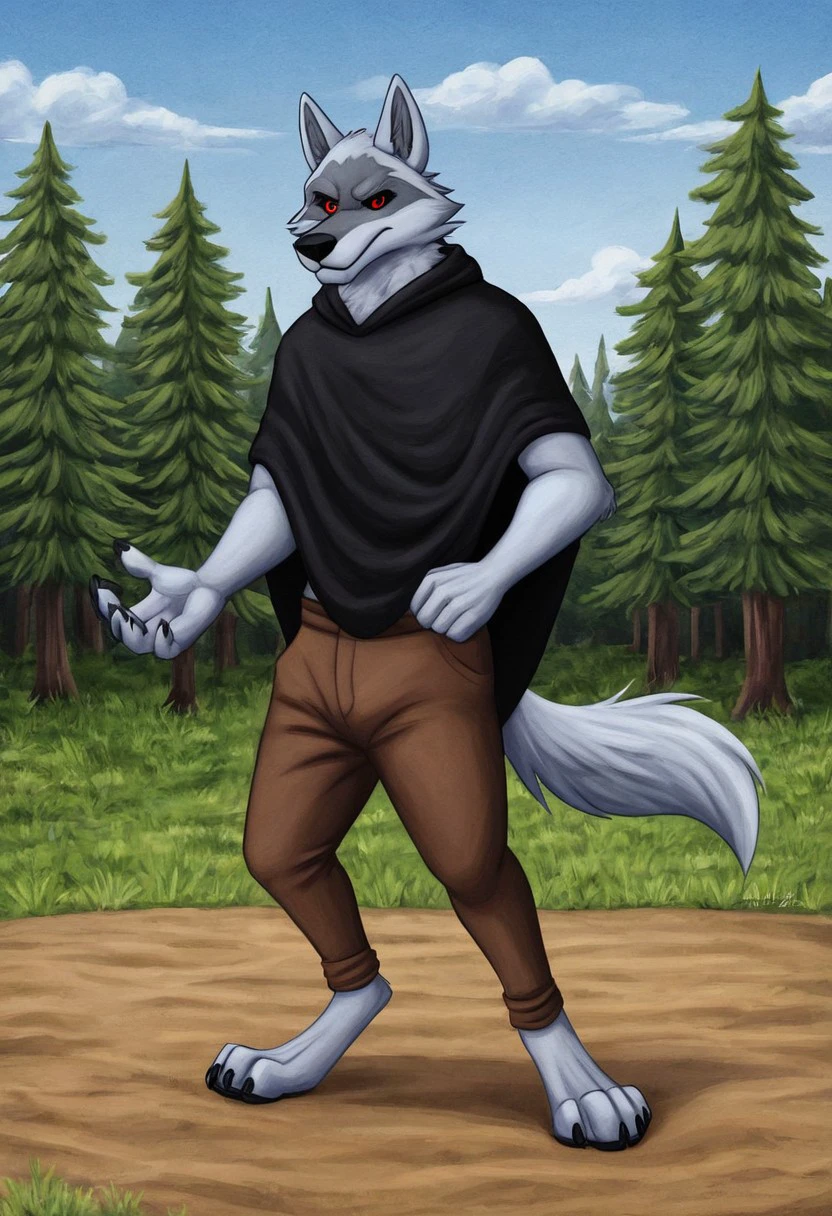 Death[PIB], wolf, animal ears, animal tail, k9 tail, wolf tail, red eyes, black sclera, silver body, silver fur, grey facial marking, k9 nose, (Male Anthro Wolf:1.5)
Solo, alone, by himself, 1boy, male.
Clothing, clothed, black poncho, brown pants, sickles
thin, bara body, buff body, twink, (buff body), (silver body:1.1),
1dk, portrait.
HD, digital painting, digital art, masterpiece.
standing, standing up, standing on feet, standing on sand.
closed mouth, angry emotion, angry face.
HD, digital painting, digital art, masterpiece.  Headshot, head focus, close to face, closeup.  
Happy emotion, happy.   
outside, forest, trees, woods, grassy floor, grassy, (outside:1.4)  
HD, digital painting, digital art, masterpiece ((headshot)), digital drawing (artwork), digital media (artwork), hi res. mandy foxy[STYLE], mandyfoxy[Style], Art by mandyfoxy[Style], furry, furry art, cartoon like,