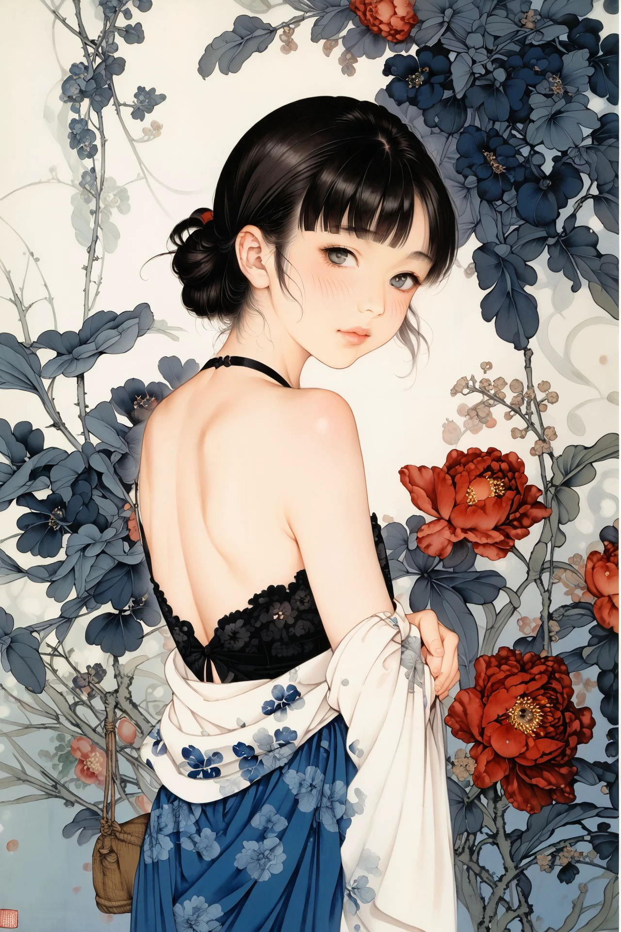 score_7_up, 1girl, solo, blush, looking back, grey eyes, straight-across_bangs, dark_grey hair, flat chest, floral_background,  <lora:gongbi_PonyXL_style_v01.10.10.02:1>