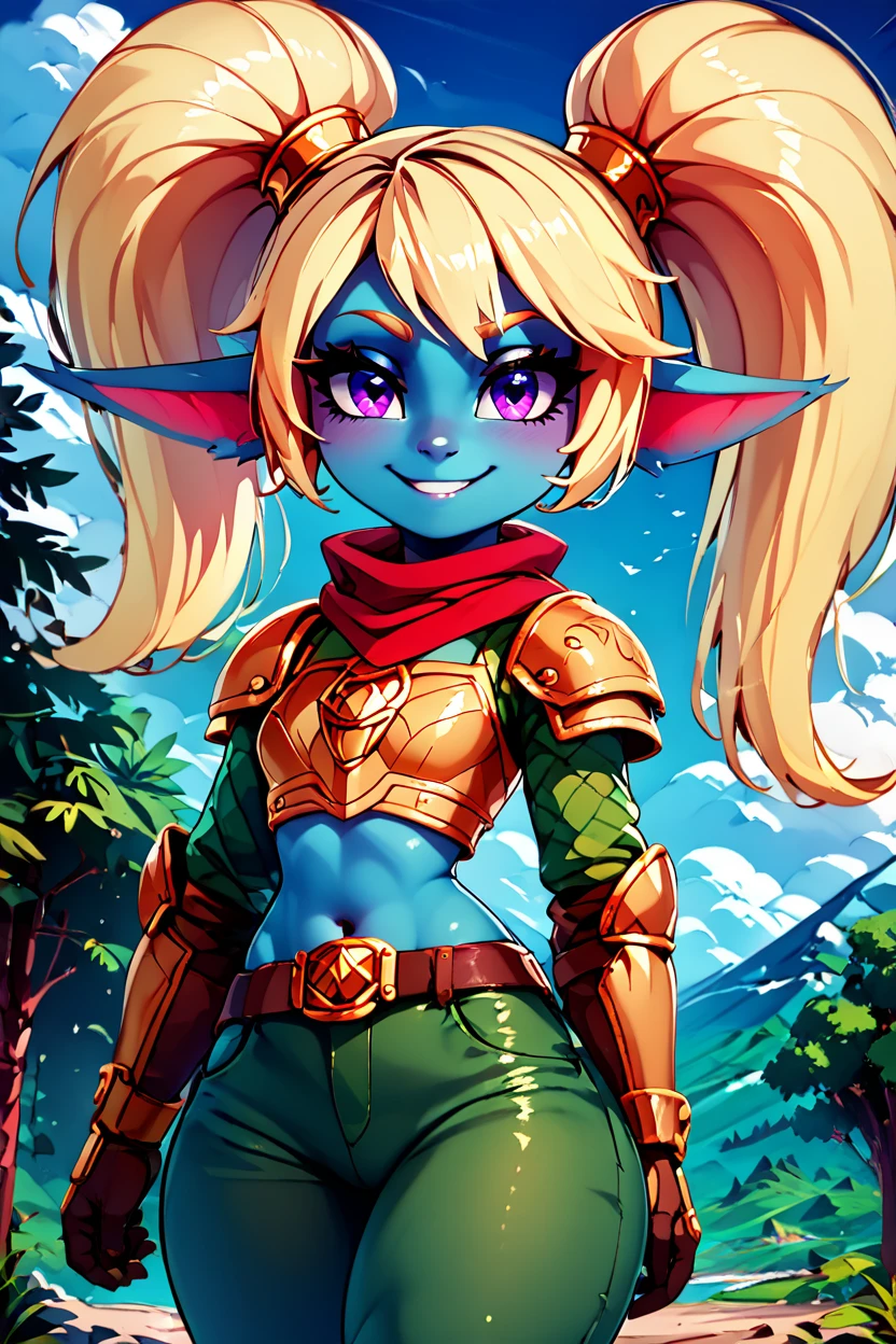 score_9, score_8_up, score_8, medium breasts, (curvy), cute, eyelashes,       BREAK, , zzPoppy, purple eyes, blonde hair, twintails, blue skin, golden armor, red scarf, green snakeskin shirt, green snakeskin pants, brown boots, <lora:Poppy_PDXL_v1:0.8>, , BREAK, looking at viewer, smile, outdoors, sky, day, cloud, tree, blue sky, mountain, cowboy shot, ,,, embedding:zPDXL, Expressiveh, ,,, <lora:Alola_Style_PDXL:0.8>, <lora:CatalystStylePDXL:0.8>, <lora:Expressive_H-000001:0.4>,