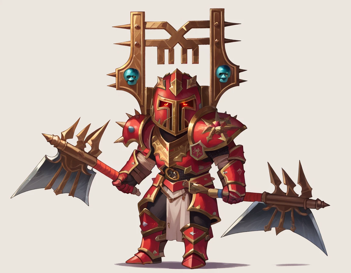 score_9, score_8_up, score_7_up, 2d, cartoon, source_cartoon, chibi, cute, blank background,
ChosenOfKhorne, armor, helmet, glowing eyes, red eyes, holding weapon,
<lora:ChosenOfKhorne:0.8>