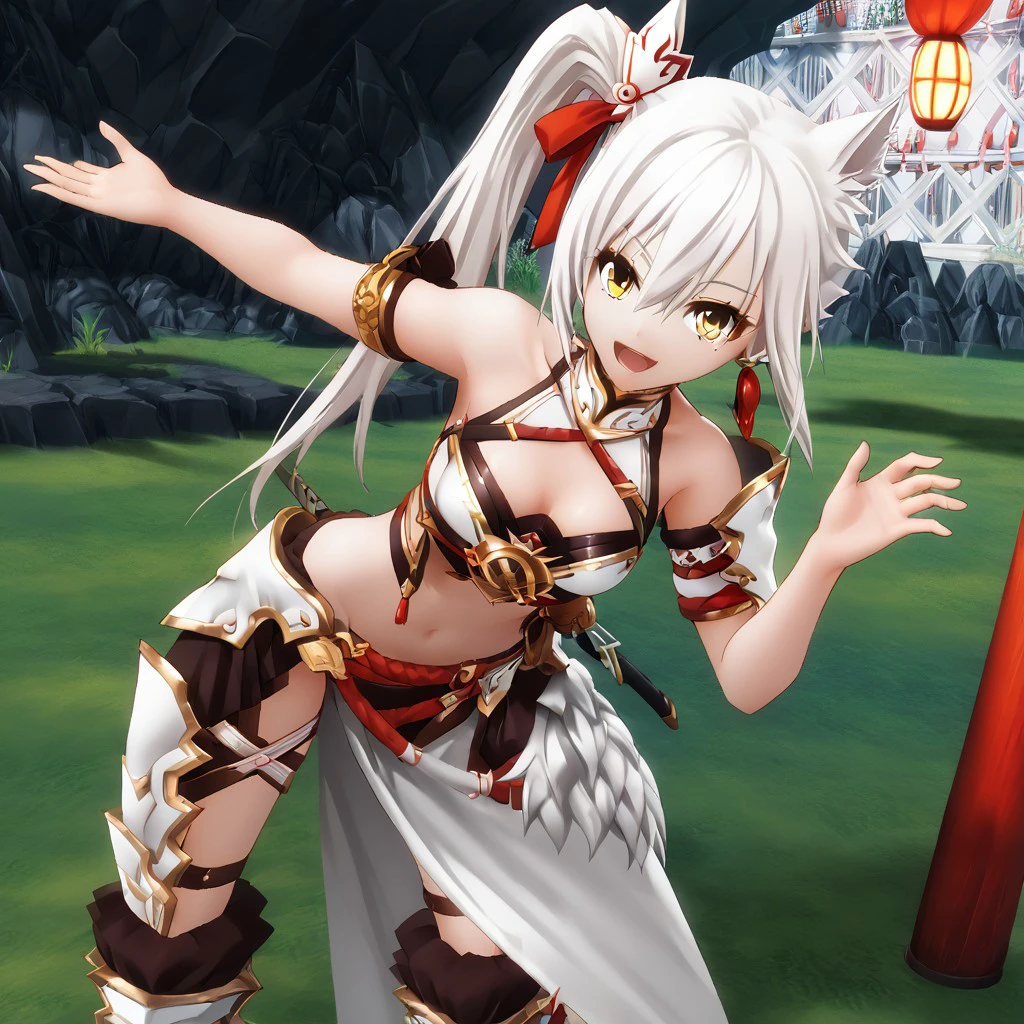 Best quality, ultra HD, source game,(alchemia story), long white hair,side ponytail, hair tie ribbon,armor, spread legs, earrings, standing, yellow eyes, 1girl, smile, open mouth, navel, dynamic pose, leaning forward, seductive pose