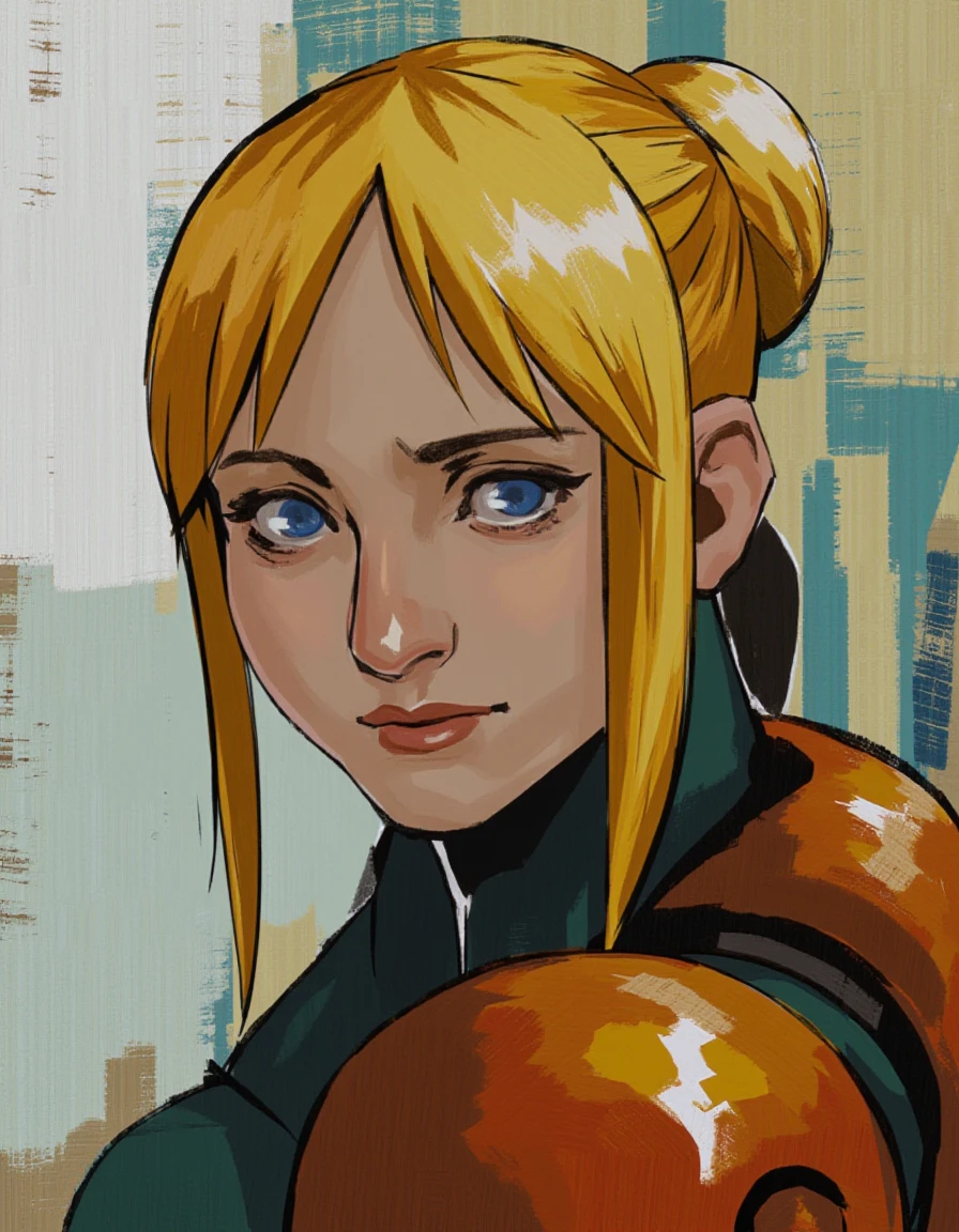 Abstract expressionist traditional painting portrait with harsh brustrokes of Samus Aran, she has a blonde ponytail, blue eyes, and pale skin. The painting has an abstract Chozo themed background.