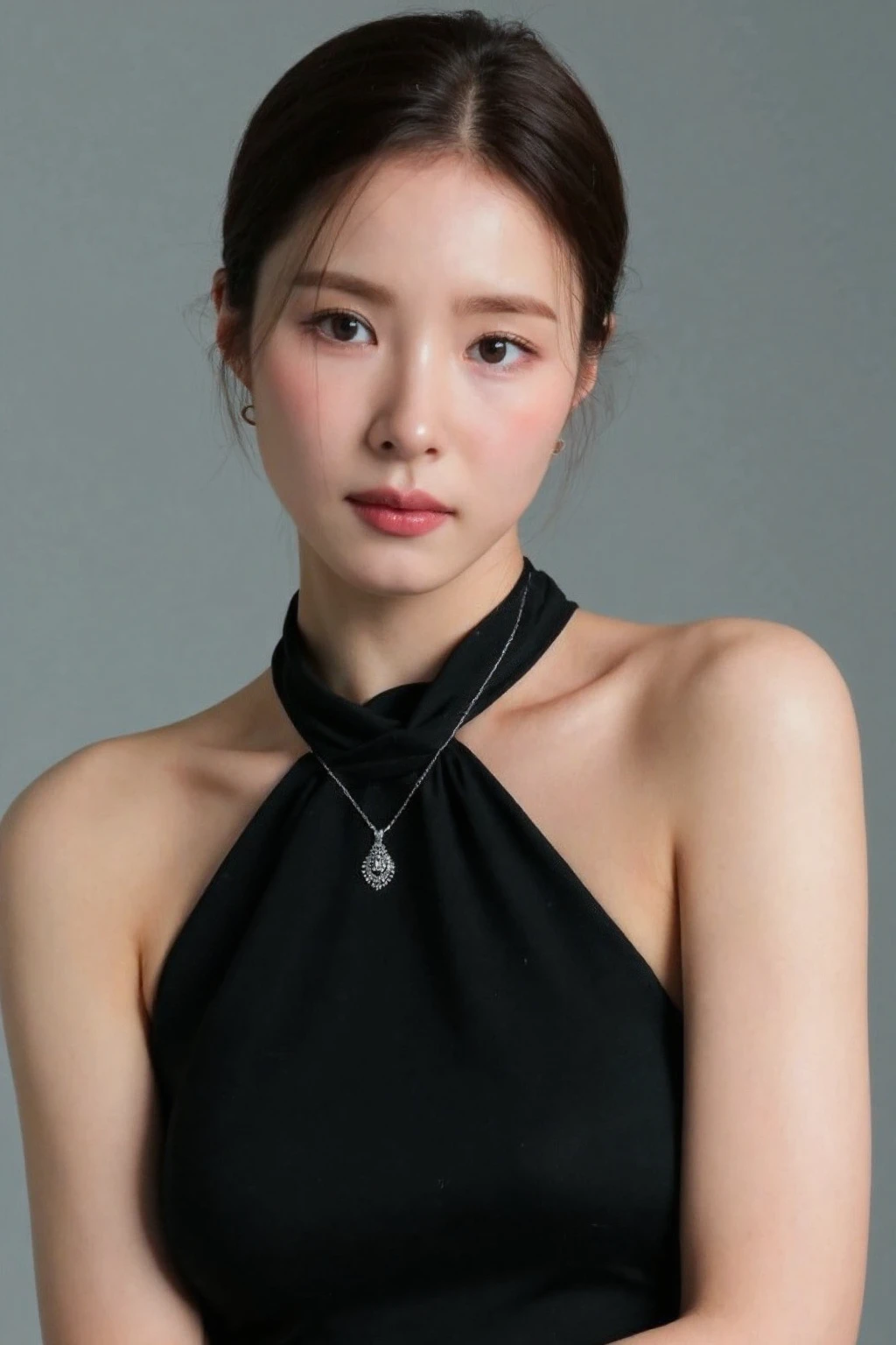 medium full shot of beautiful asian girl , wearing black halter dress, gray background, studio lighting, necklace, dslr, soft lighting, high quality, film grain, light reflections, blood vessels, pale skin, skin pores,blood vessels in sclera, detailed skin, beauty spots, skin fuzz,<lora:flux_realism_lora:1>, . <lora:makinaflux_shinsekyung_v1.0:1>