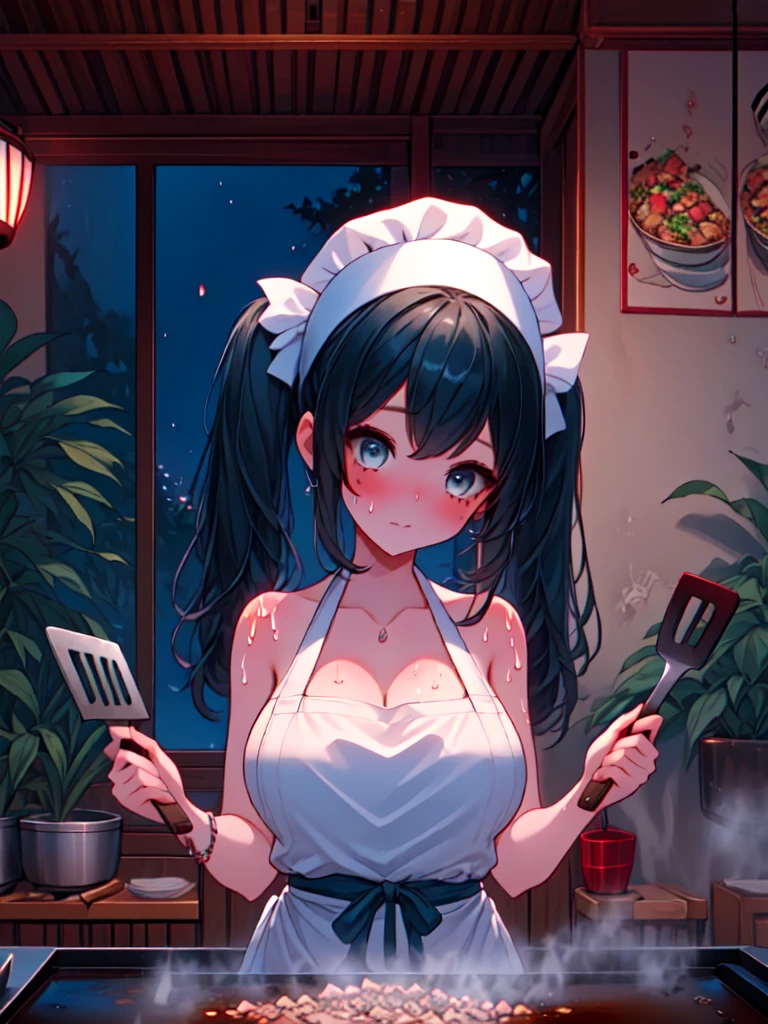 (((2girls, 1girl, a woman))), ((teppanyaki grilling)), [[sitting]], food on teppan, restaurant, leaning forward, holding, cooking, sideboob, sweat, nude apron, naked apron, twintails, sleeveless dress, strap camisole, potted plant, night, lamp, full body, <lora:girlliketeppanyakigrilling:1>