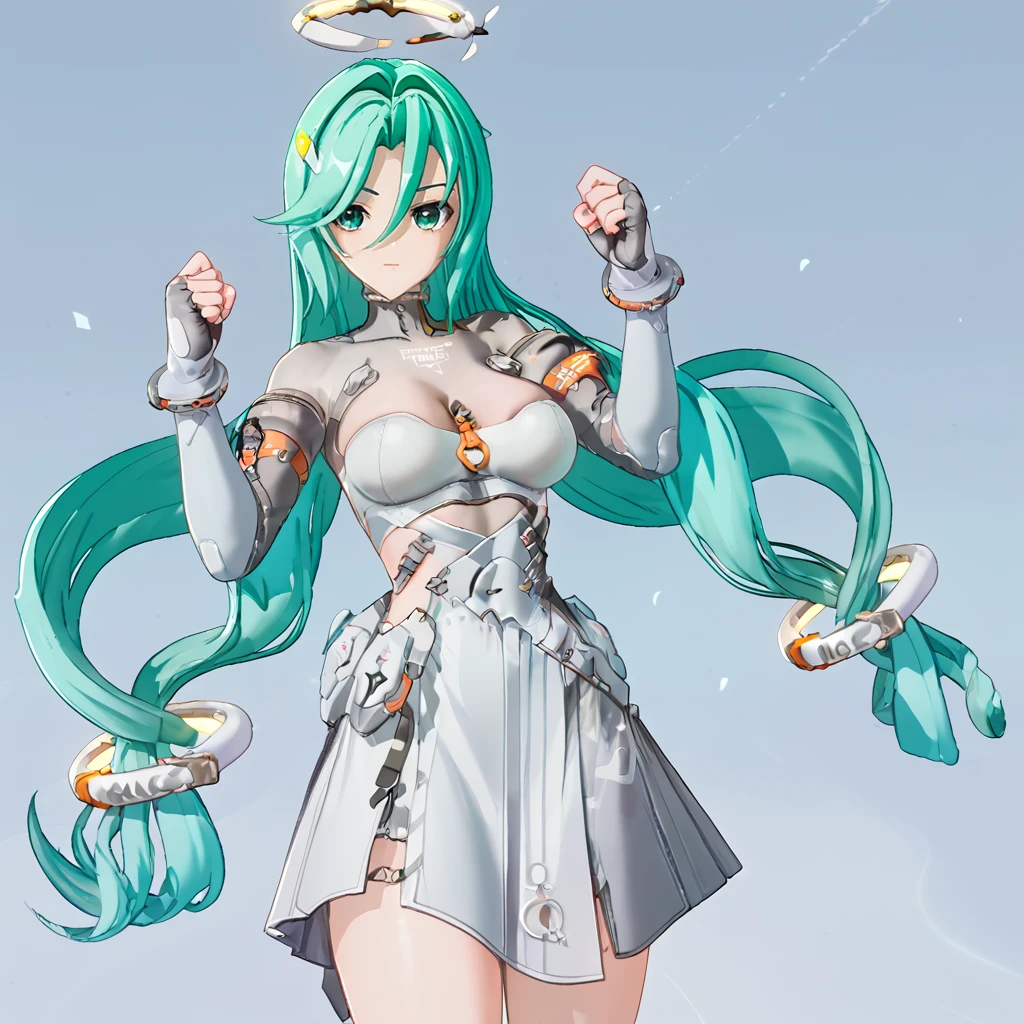 zPDXL3, 1girl, solo  camille, twintails, long hair, breasts, halo, green eyes, hair between eyes, very long hair,  green hair, bangs, cleavage, aqua hair, hair ornament, white bodysuit, white skirt, hip window, low-tied long hair, yellow hairclip, chest tattoo,  looking at viewer, fighting stance, hands up,  
<lora:Camille_r2:0.9>