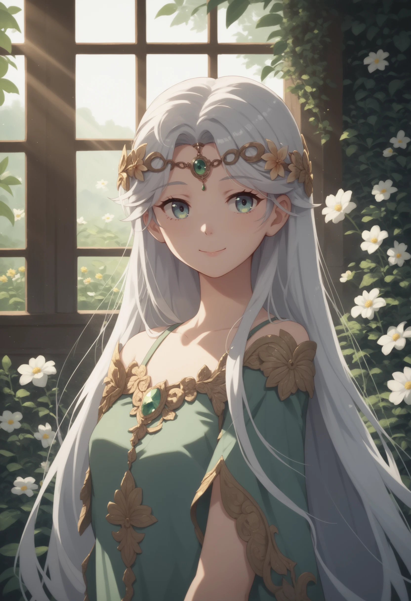 score_9, score_8_up, score_7_up, score_6_up, score_5_up, score_4_up, 1girl, green silver dress, looking looking at viewer, circlet, window, sunrays, upper body, smile, very long hair, silver hair, flowers